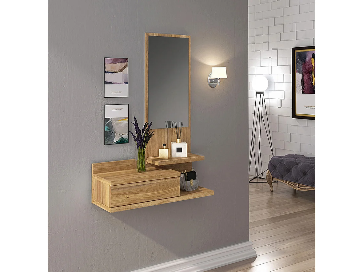 Buffet d'entrée, meuble d'entrée coloris chêne Mauvella  + miroir  - Longueur 81 x profondeur  27,40 x hauteur 116 cm