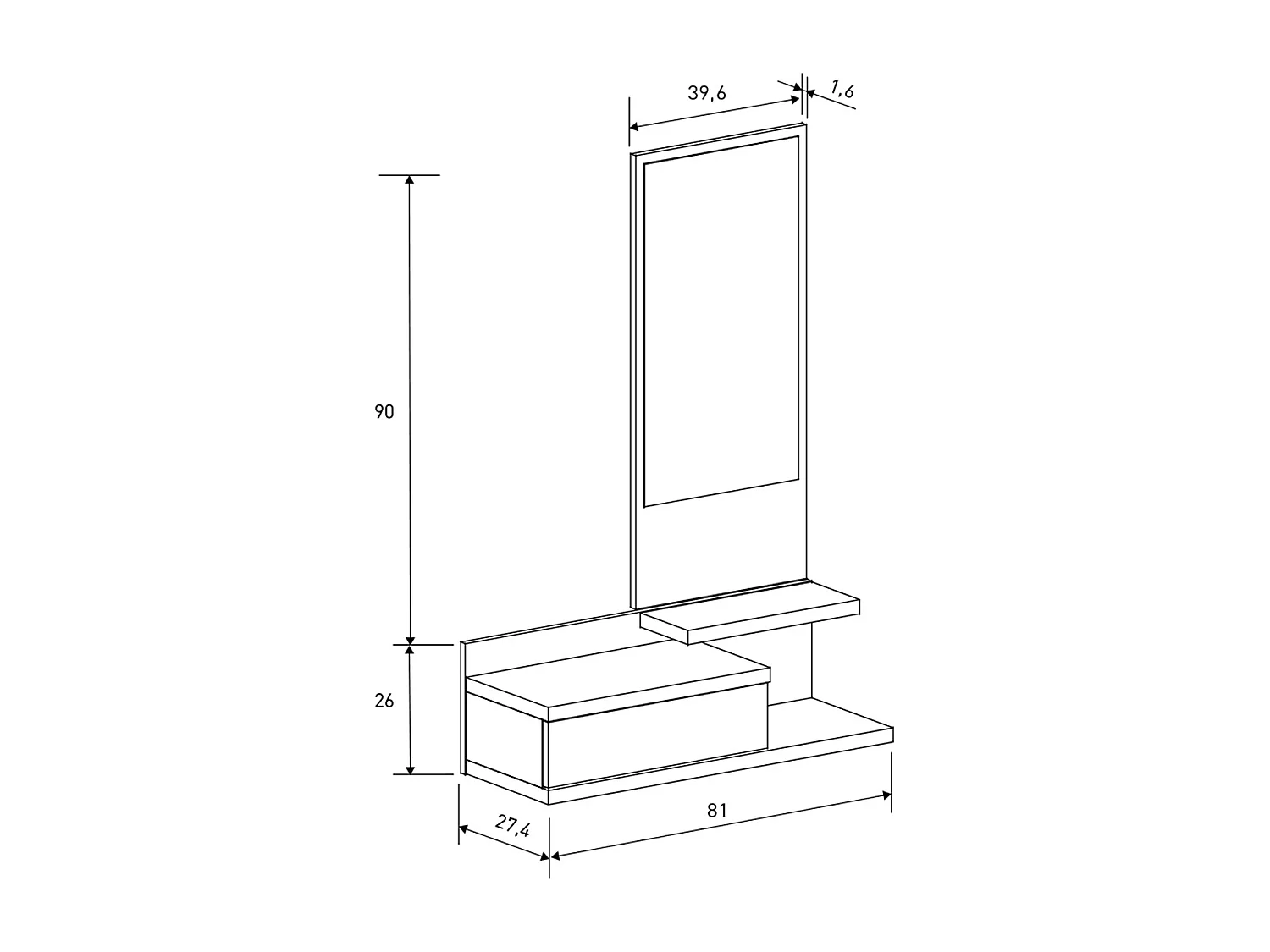 Buffet d'entrée, meuble d'entrée coloris chêne Mauvella  + miroir  - Longueur 81 x profondeur  27,40 x hauteur 116 cm