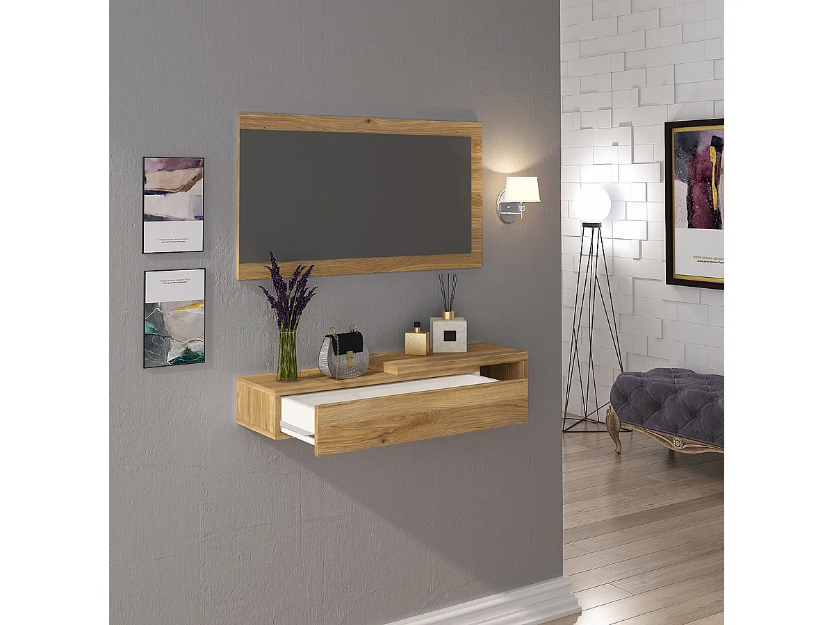Buffet d'entrée, meuble d'entrée coloris chêne Mauvella  + miroir - longueur 91,50 x profondeur 26 x hauteur 65,2 cm