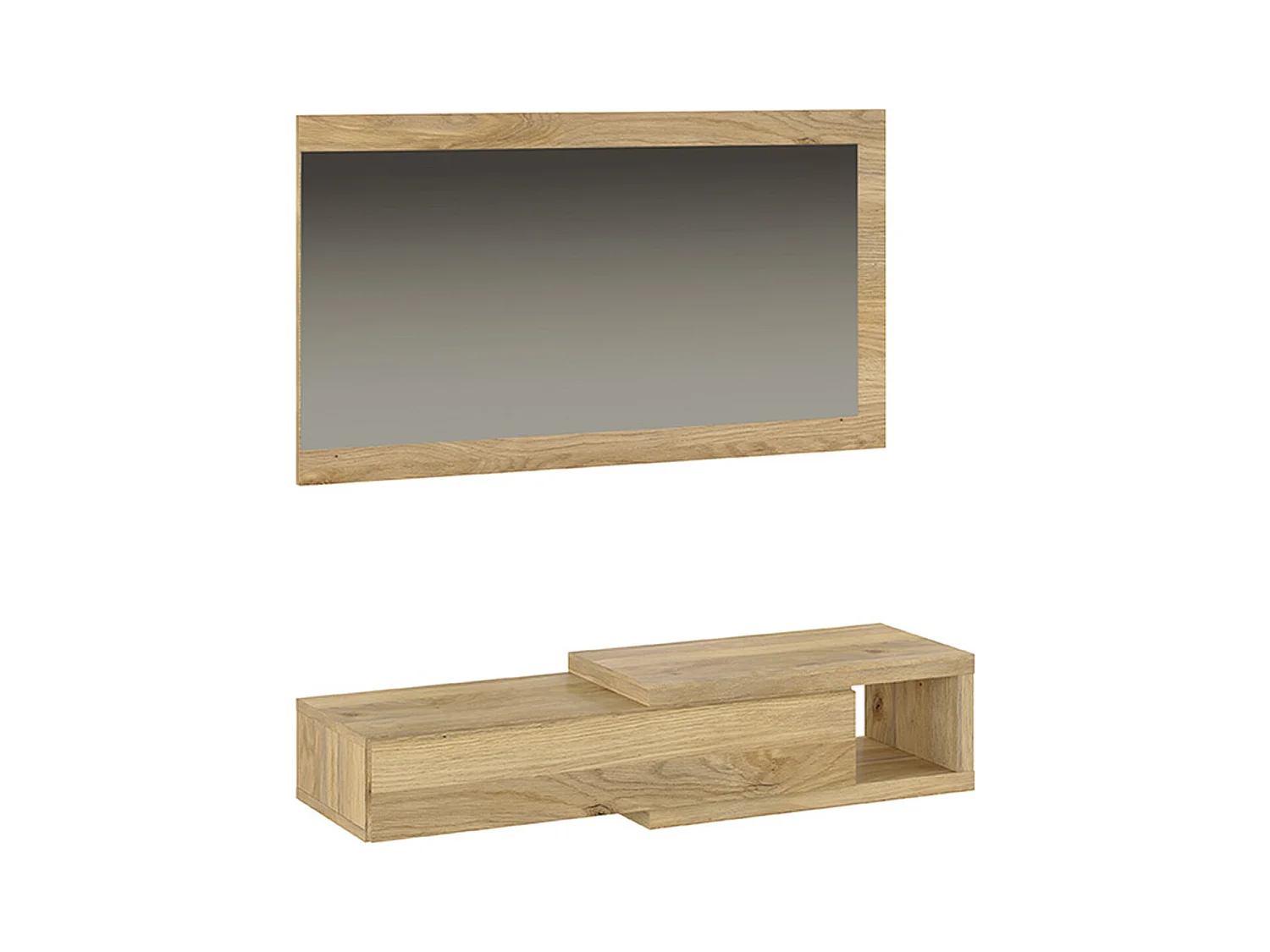 Buffet d'entrée, meuble d'entrée coloris chêne Mauvella  + miroir - longueur 91,50 x profondeur 26 x hauteur 65,2 cm