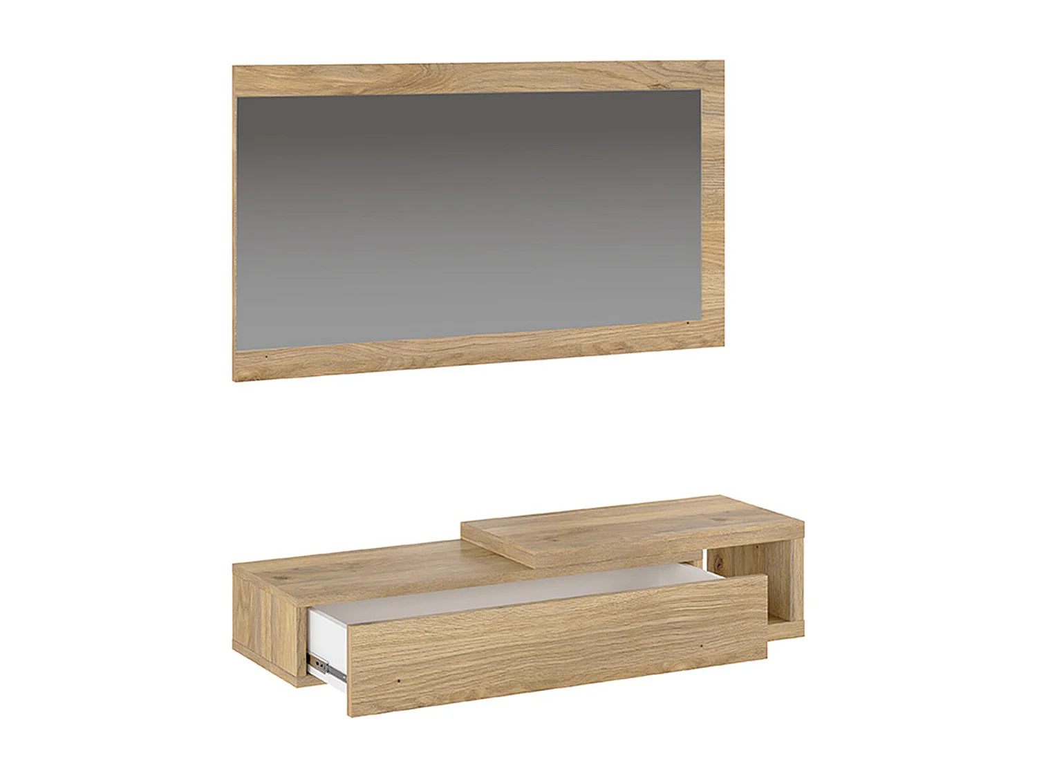 Buffet d'entrée, meuble d'entrée coloris chêne Mauvella  + miroir - longueur 91,50 x profondeur 26 x hauteur 65,2 cm