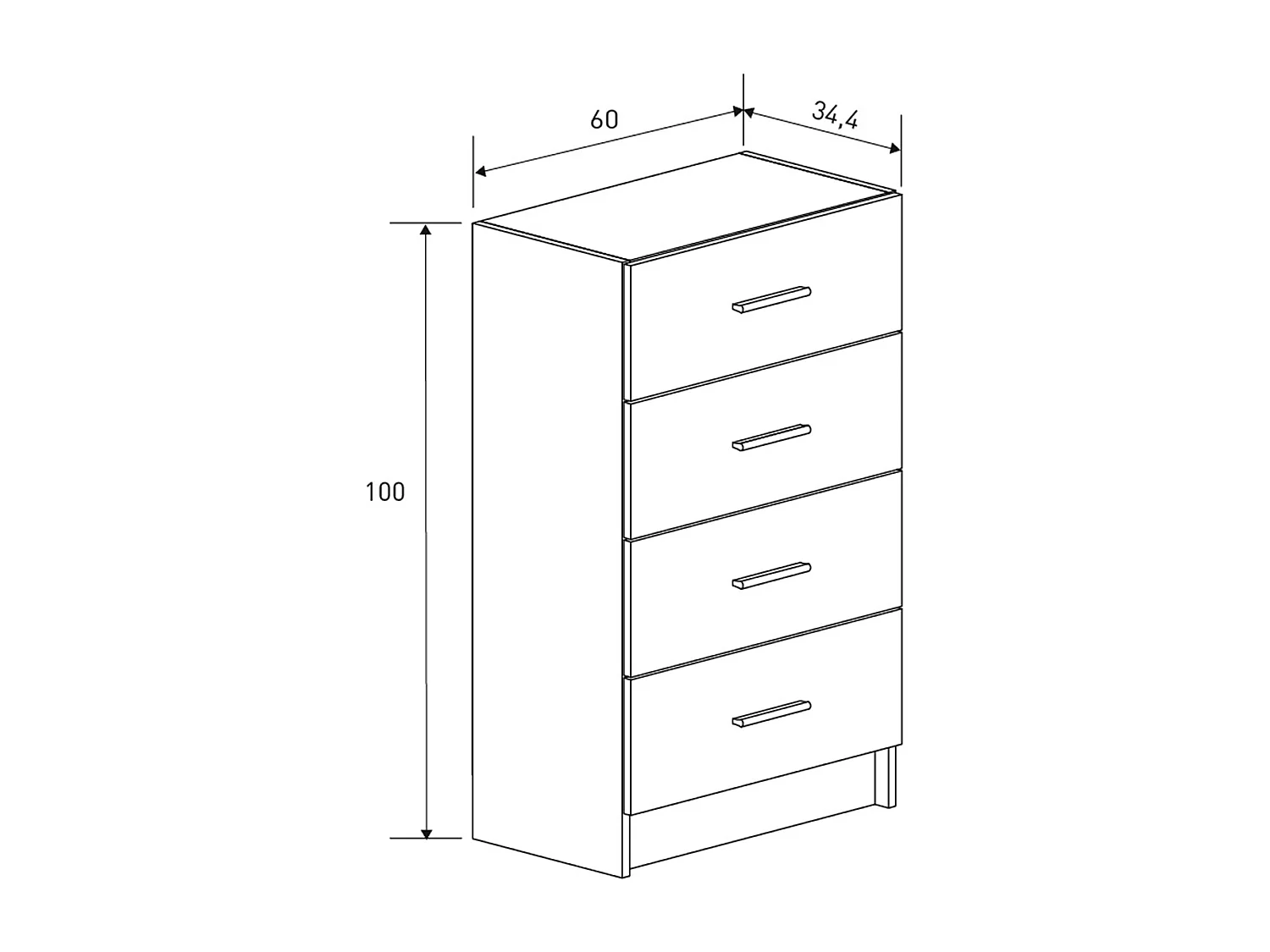 Chiffonnier, meuble de rangement avec 4 tiroirs coloris chêne Mauvella  - Longueur 60 x profondeur 34,40 x hauteur 100 cm
