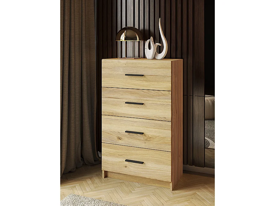 Chiffonnier, meuble de rangement avec 4 tiroirs coloris chêne Mauvella  - Longueur 60 x profondeur 34,40 x hauteur 100 cm