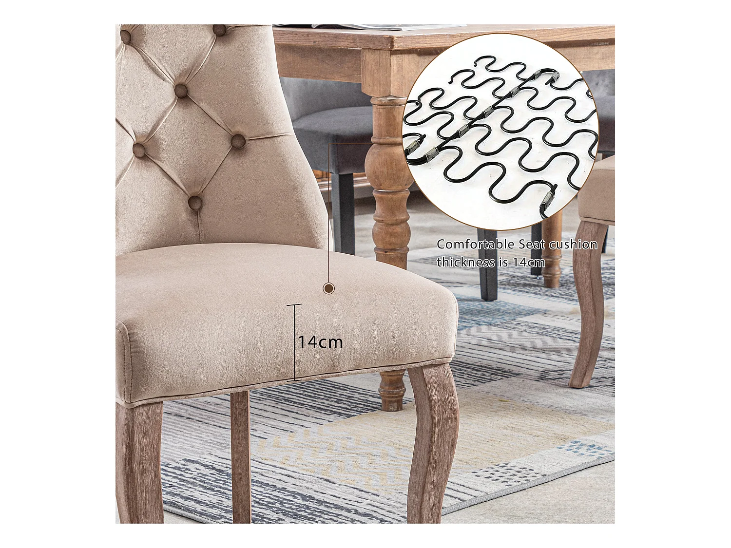 4er-Set Esszimmerstühle aus Samt, hohe Rückenlehne, Massivholzrahmen, Beige