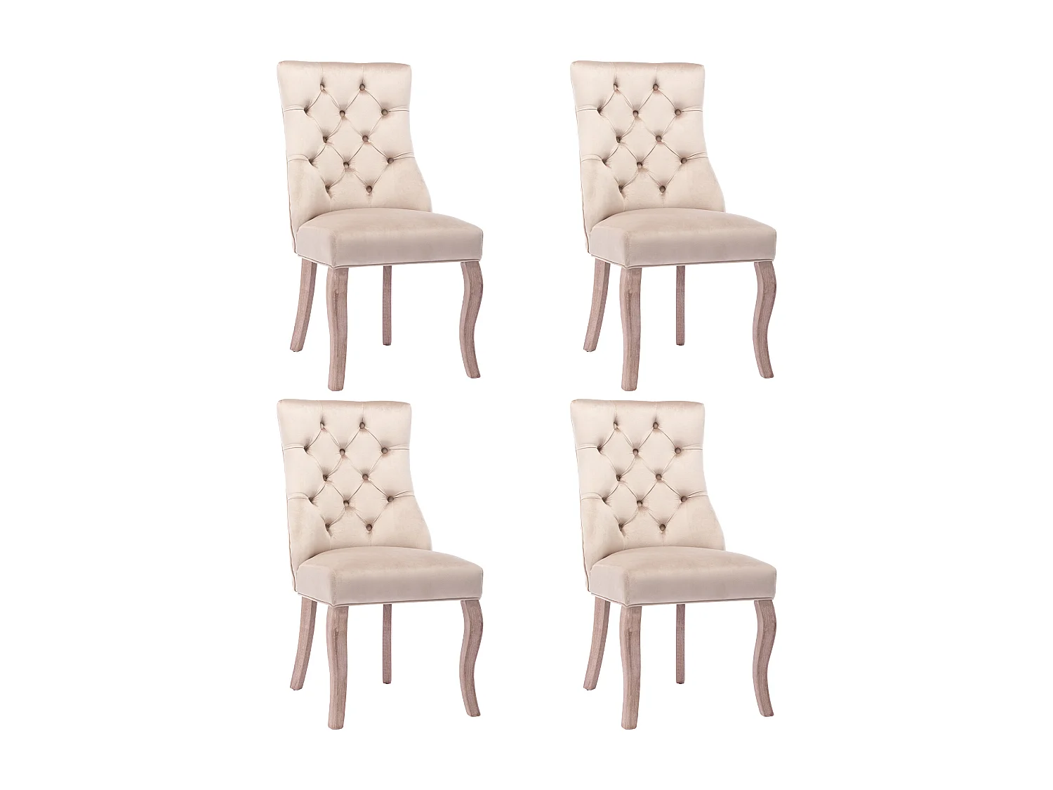 Set van 4 fluwelen eetkamerstoelen, hoge rugleuning, massief houten frame, beige