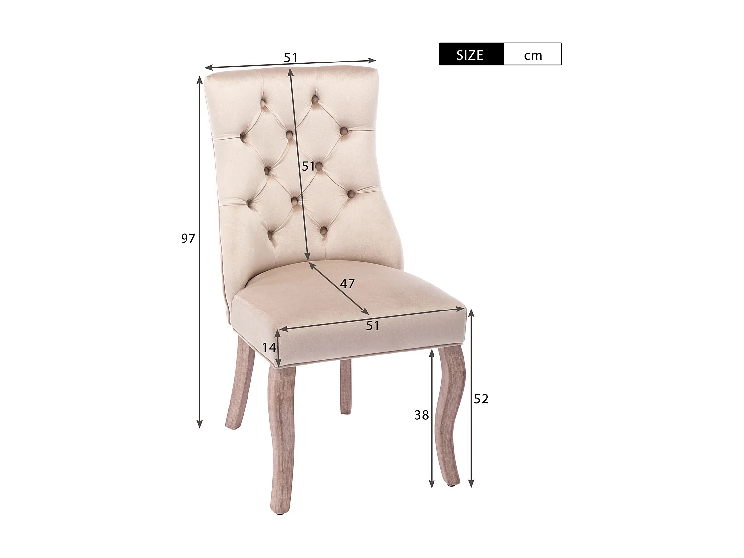 Set van 4 fluwelen eetkamerstoelen, hoge rugleuning, massief houten frame, beige