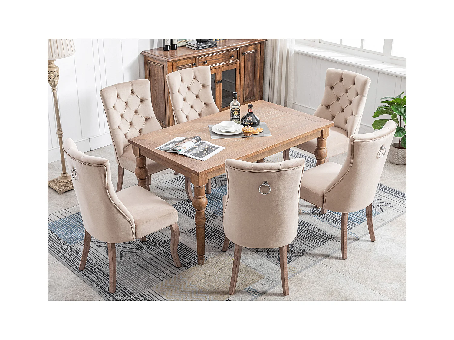 Lot de 6 chaises de salle à manger en velours, dossier haut, cadre en bois massif, beige
