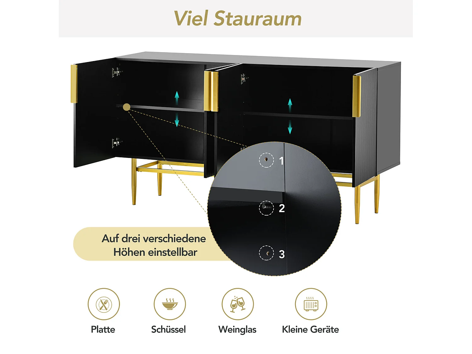 Dressoir - DREAMMESPACE - 4 deuren - gouden metalen handgreep en voet - 152x40x80cm - Zwart