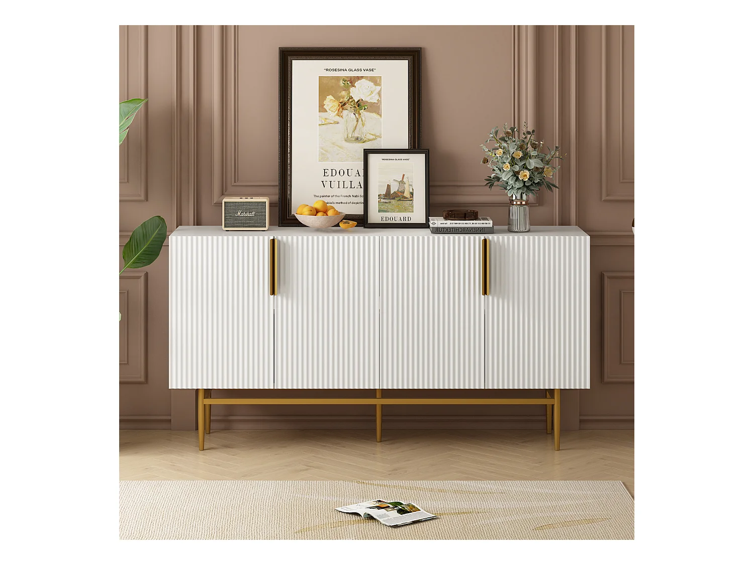 Buffet - DREAMMESPACE - 4 portes - poignée et pied en métal doré - 152x40x80cm - Blanc