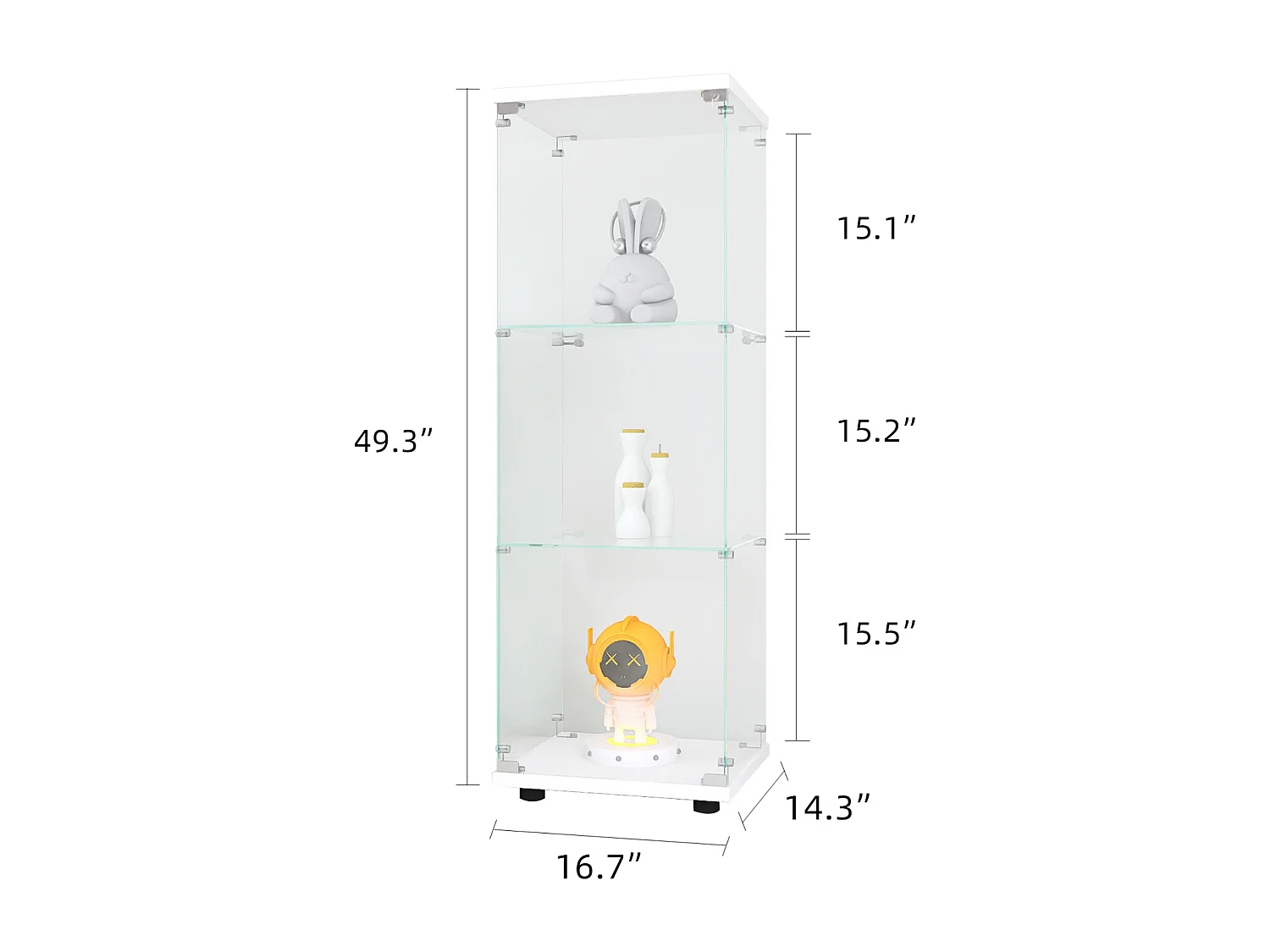 Glazen vitrinekast 42×36×125cm GARHELPER - 3 legplanken - 1 deur - Gehard glas - wit