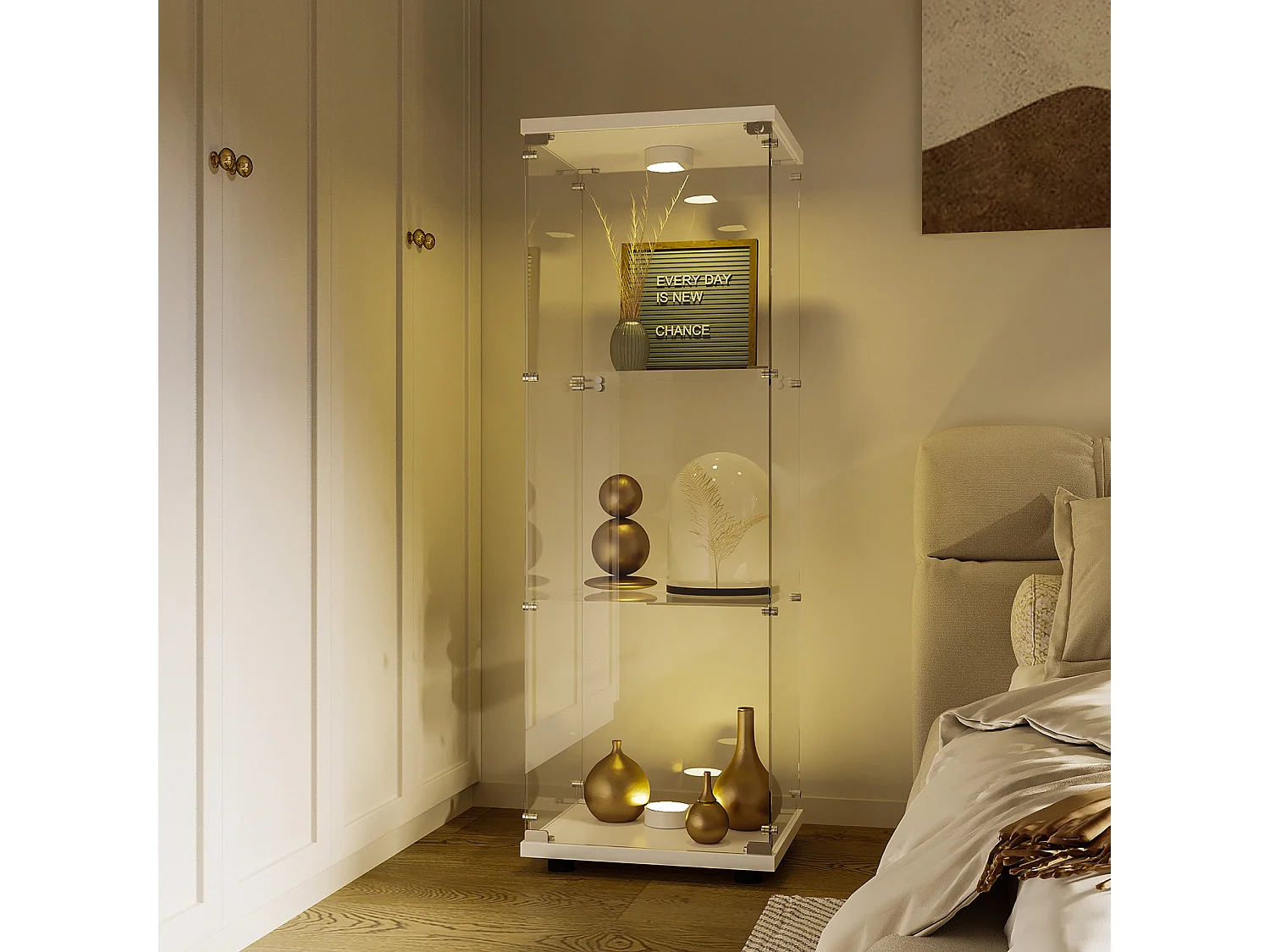 Vitrinekast van glas 42×36×125cm GARHELPER - 3 legplanken - 1 deur - Gehard glas - LED-verlichting - Zwart