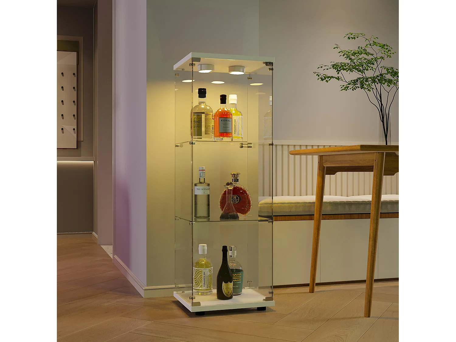 Vitrinekast van glas 42×36×125cm GARHELPER - 3 legplanken - 1 deur - Gehard glas - LED-verlichting - Zwart