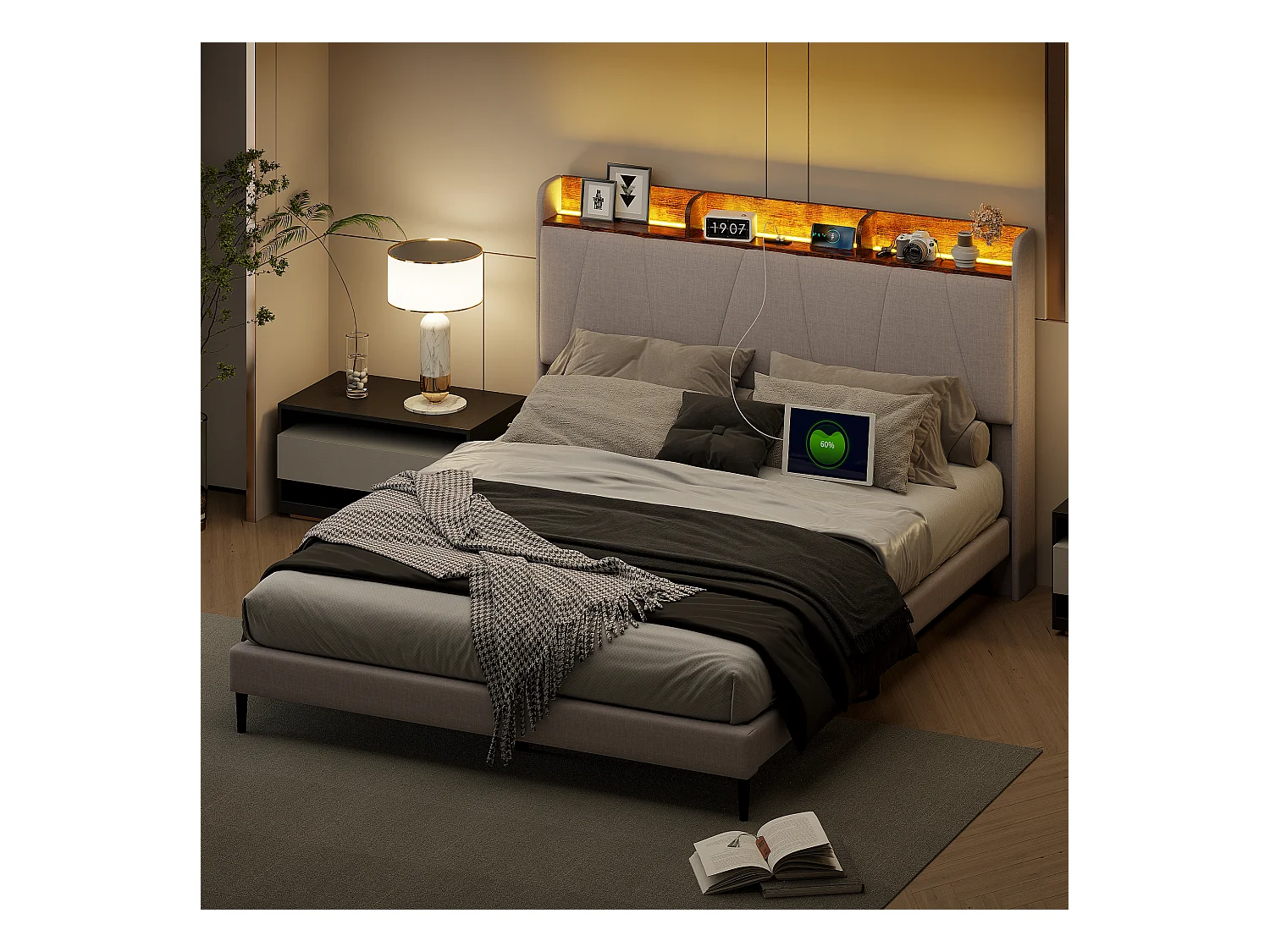 Lit rembourré adulte 160 x 200cm avec Éclairage LED,sommier à lattes, tissu en lin, beige