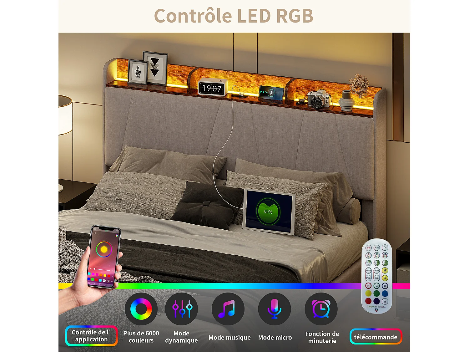 Lit rembourré adulte 160 x 200cm avec Éclairage LED,sommier à lattes, tissu en lin, beige