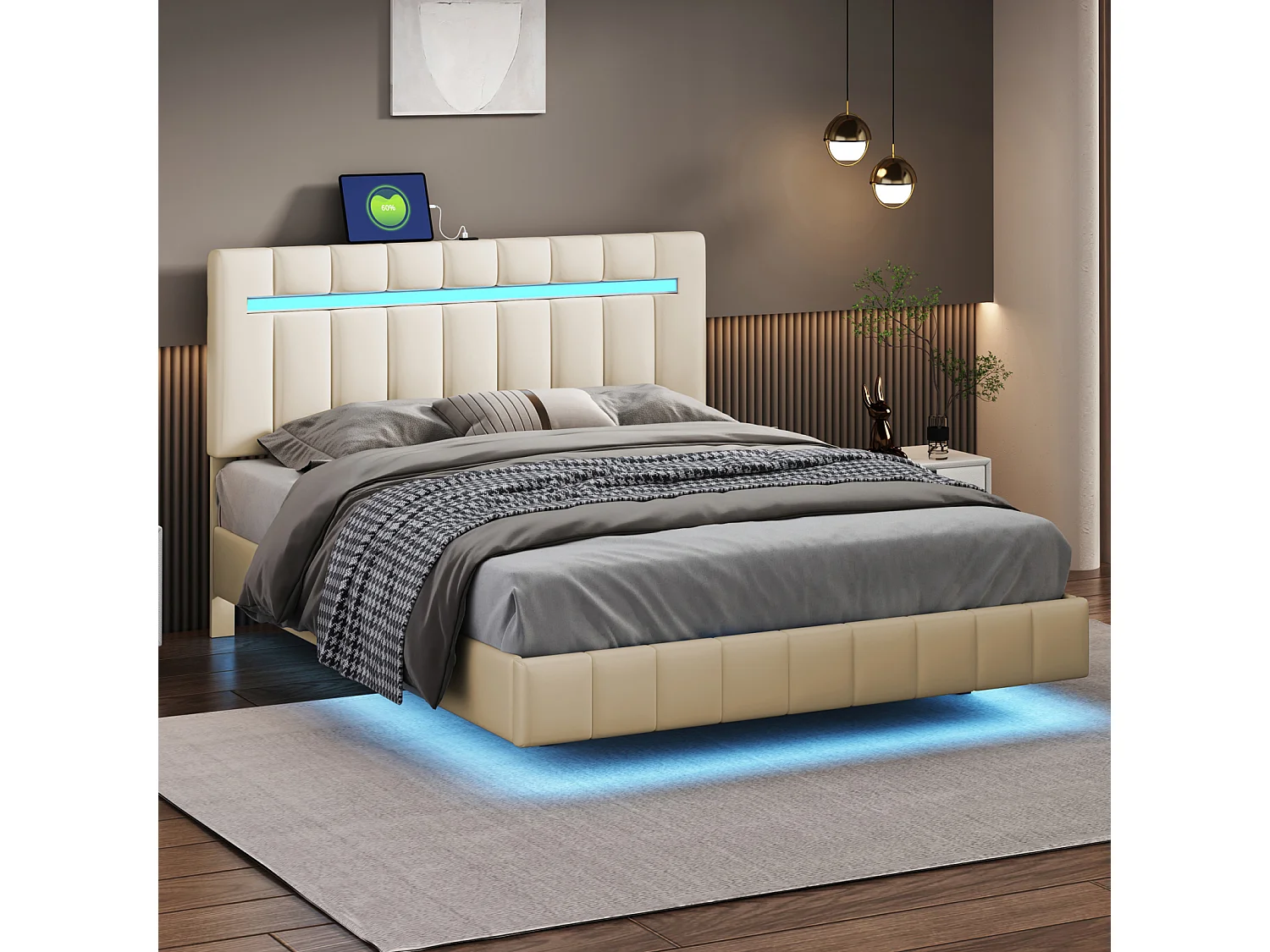 Lit rembourré 140 x 200 cm, cadre de lit flottant rembourré avec lumières LED et tête de lit design, lit d'appoint plat en lin doux pour la peau beige