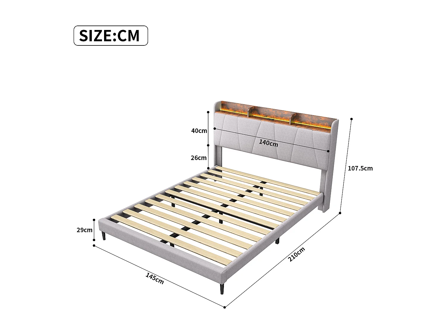 Volwassen gestoffeerd bed 140 x 200cm met LED-verlichting, lattenbodem, linnen stof, beige