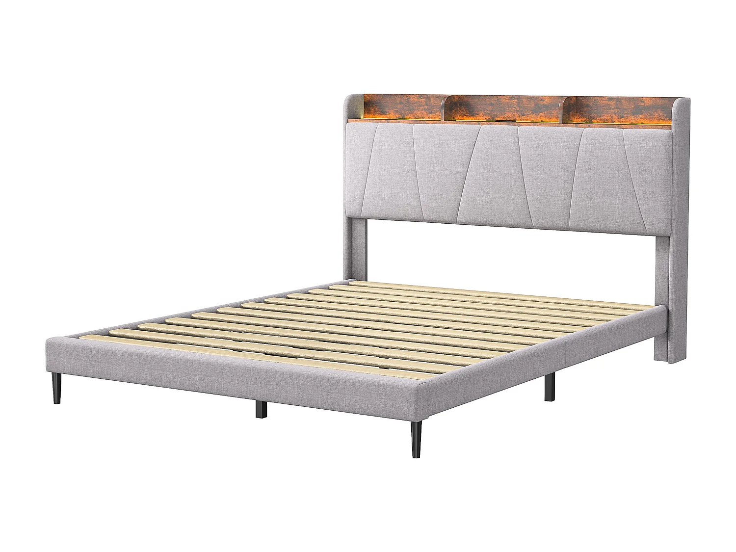 Volwassen gestoffeerd bed 140 x 200cm met LED-verlichting, lattenbodem, linnen stof, beige