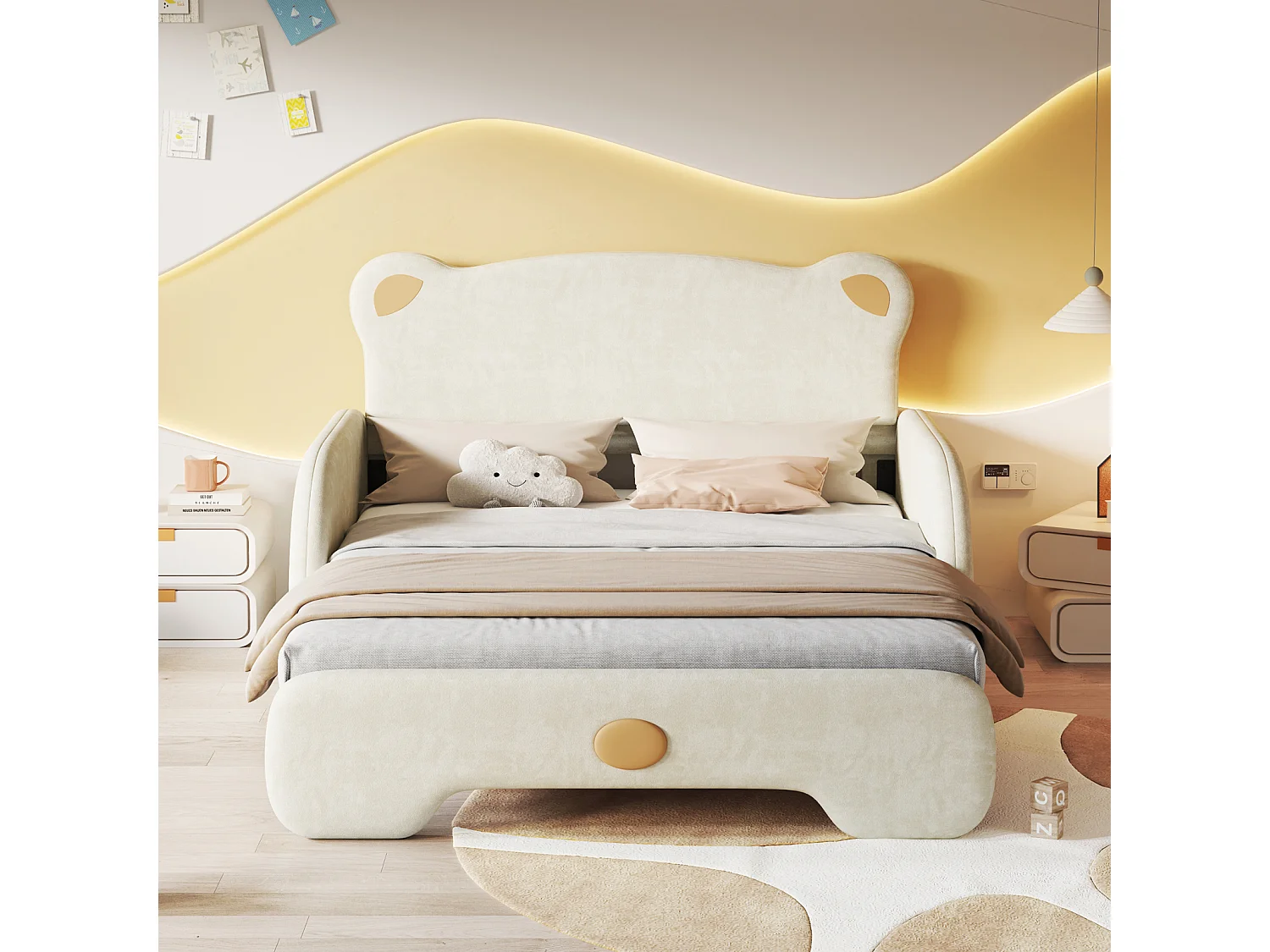 Lit gigogne 140x110cm&140x200cm, Lit double rembourré en forme d'ours. avec bords de protection, lattes en bois, velours, beige