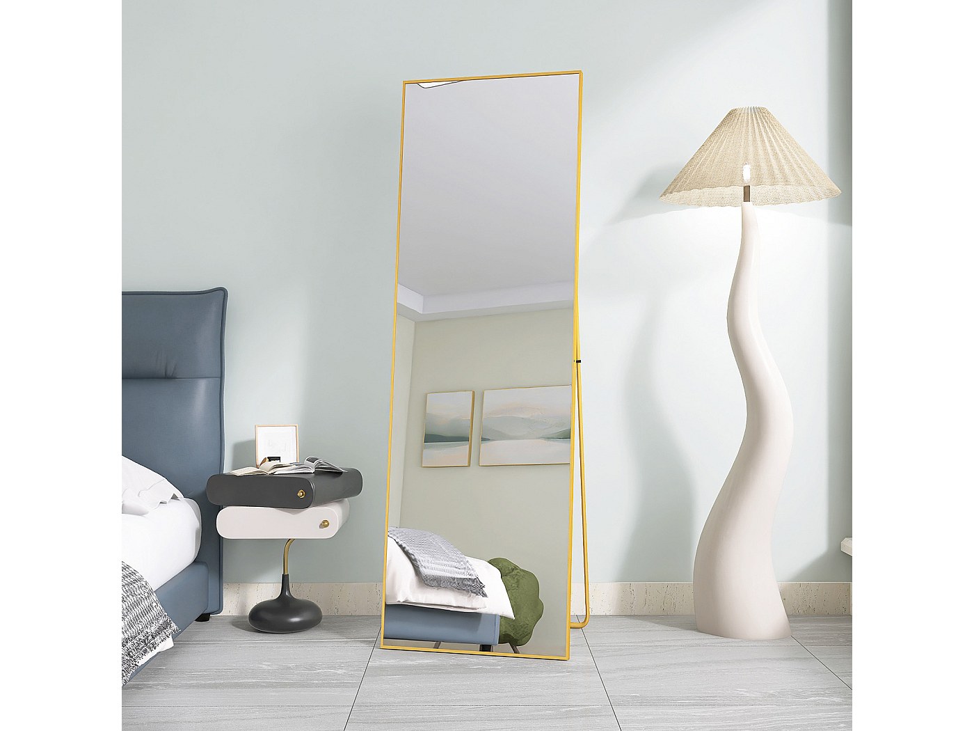 AYYDS Asymmetrische spiegel, 160 x 60 cm, staande spiegel, full-body spiegel, groot met flanel omwikkeld houten frame, vloerspiegel, onregelmatige wandspiegel voor woonkamer, slaapkamer, hal (groen