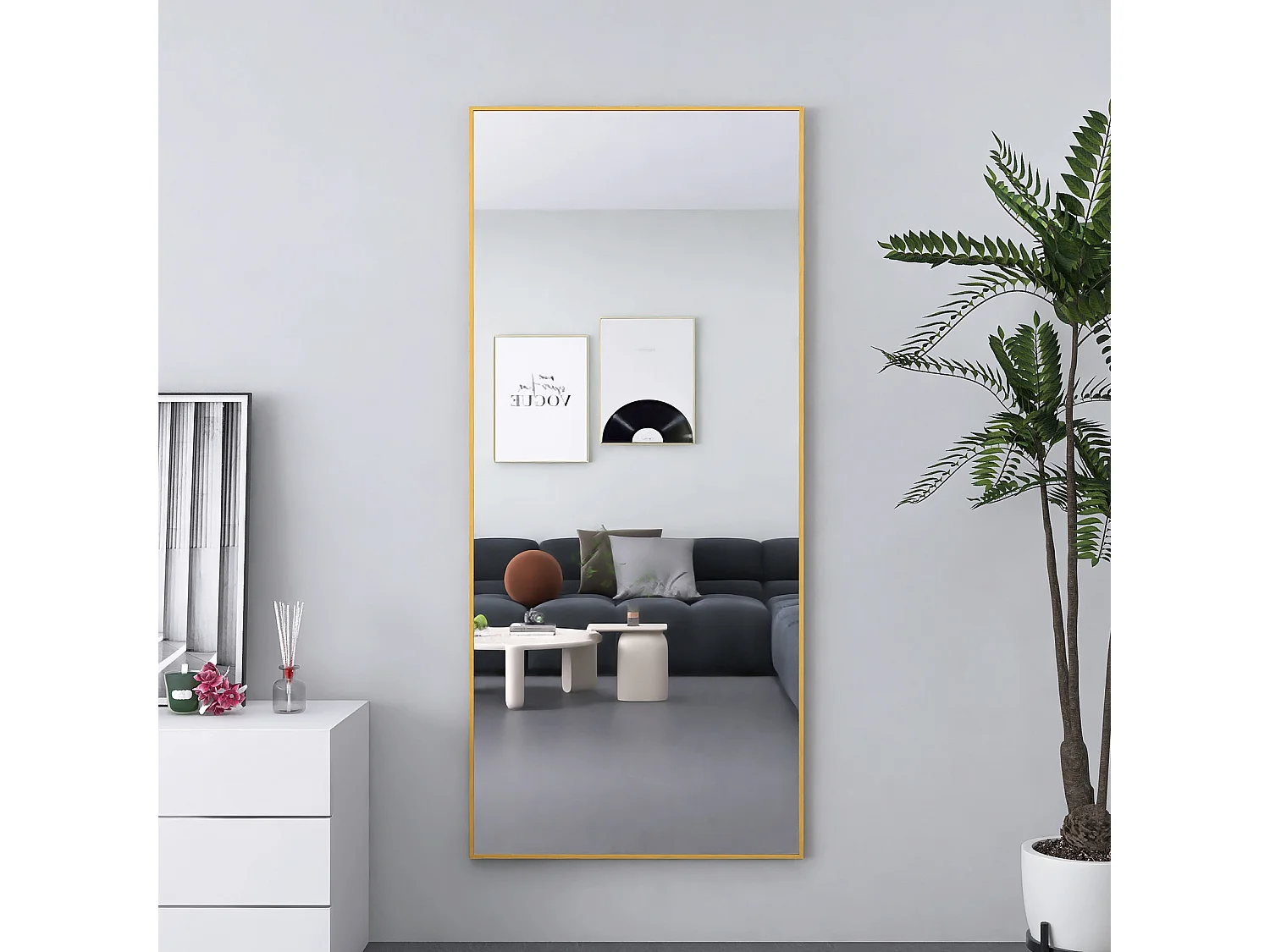 Rechteckiger Standspiegel mit Metallrahmen, HD, großer Standspiegel für Wohnzimmer, Schlafzimmer und Ankleidezimmer, goldener Spiegel, 180 x 80 cm