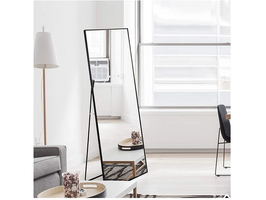 Espejo de pie rectangular con marco de metal HD Espejo de pie grande para sala de estar, dormitorio y vestidor Espejo negro 150x40cm