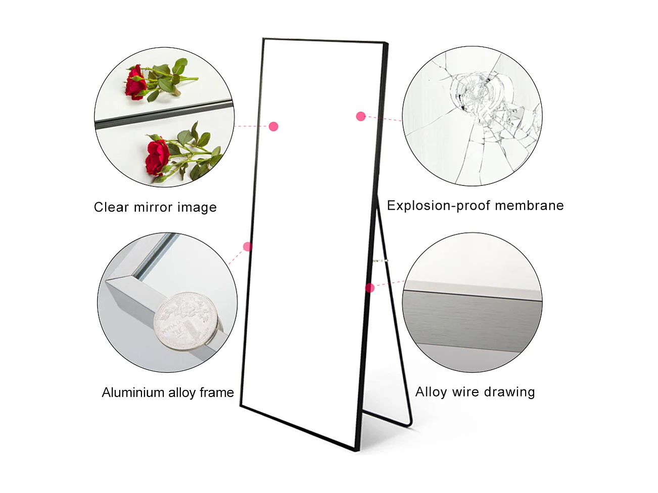 Miroir sur Pied Rectangle avec Cadre en Métal Miroir sur Pied HD Grand pour Salon, Chambre et Dressing Miroir Noir 150x40cm