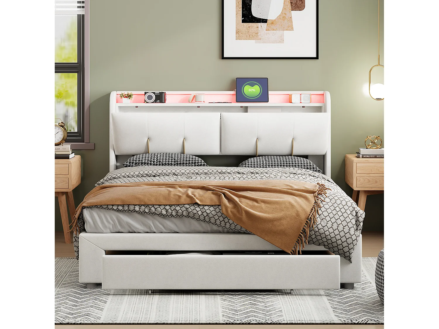 Lit coffre 140x200, lit double capitonné, tête de lit avec rangement caché,  velours, blanc