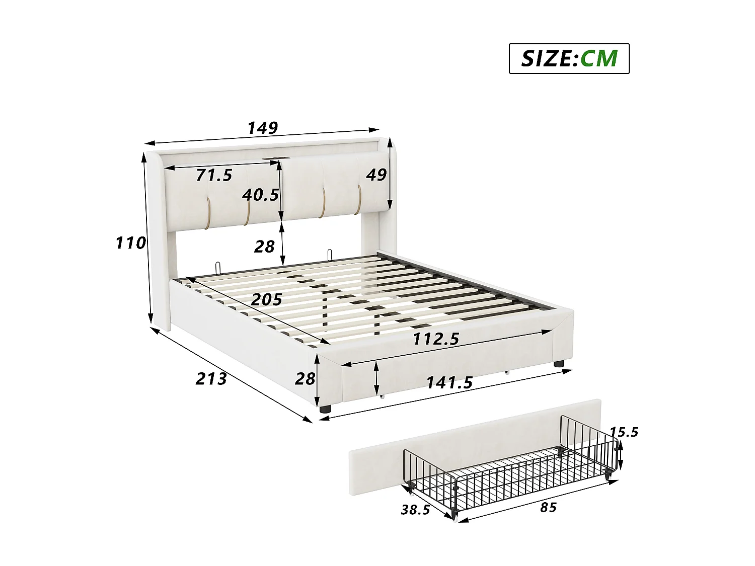 Caixa iluminada 140x200, lit duplo capitonné, tête de lit com rangement cache, veludos, branco