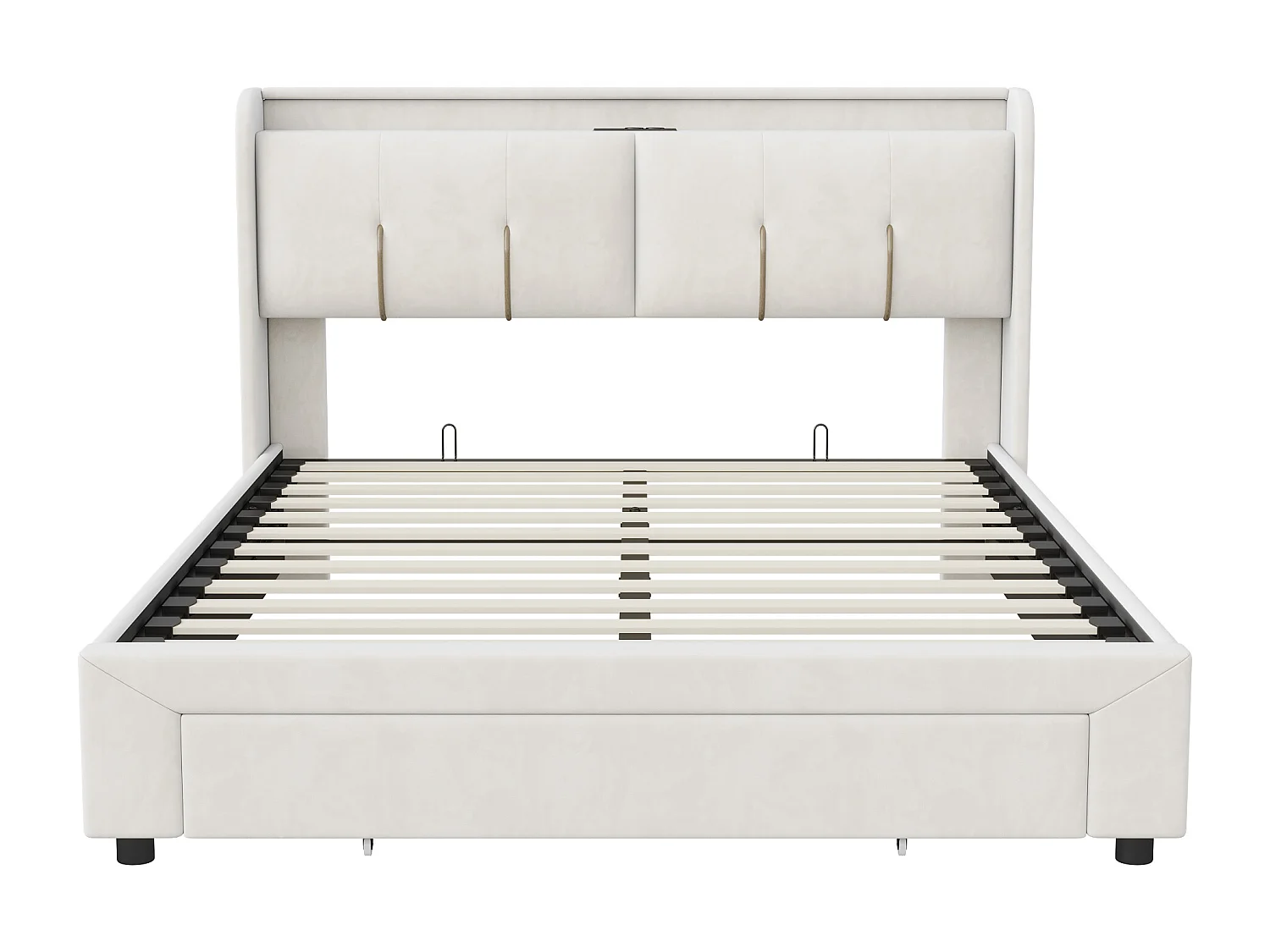 Caixa iluminada 140x200, lit duplo capitonné, tête de lit com rangement cache, veludos, branco