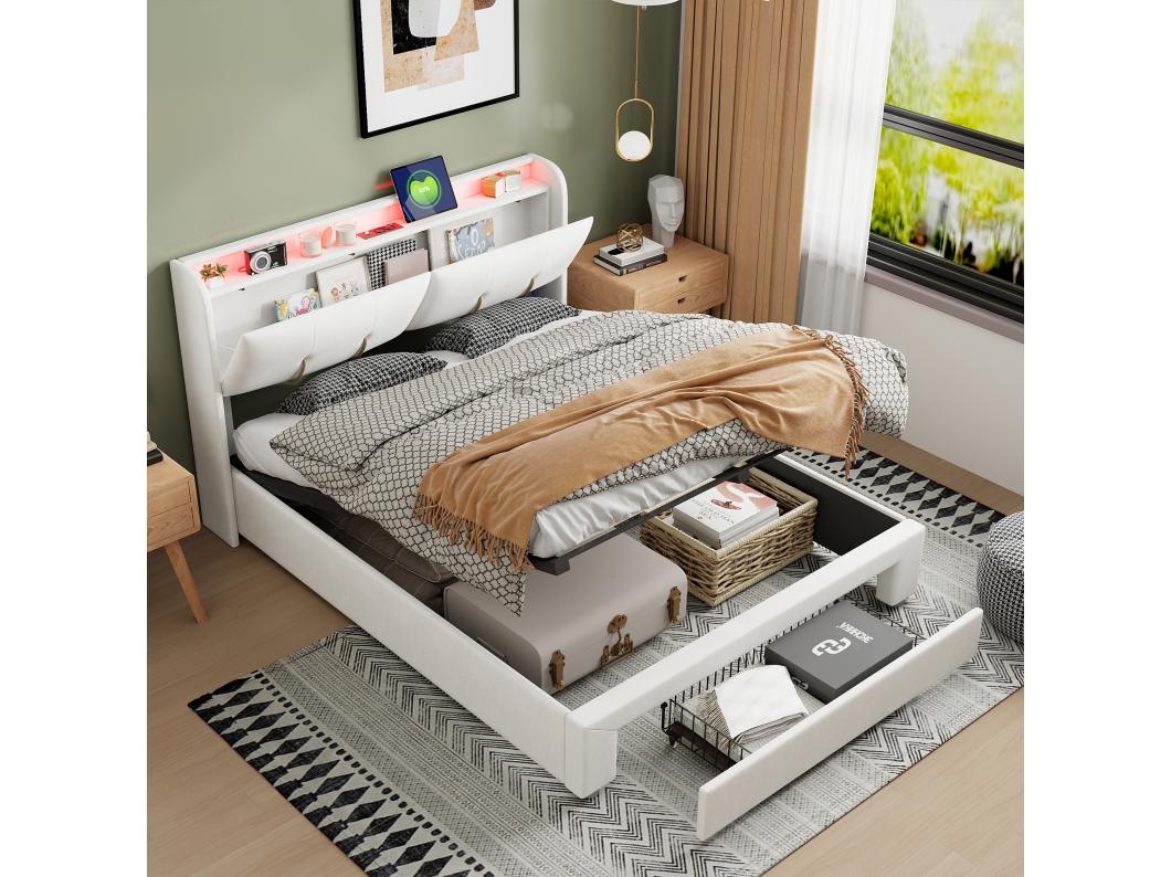 140x200 opbergbed, tweepersoonsbed gestoffeerd, hoofdbord met verborgen opbergruimte, fluweel, wit