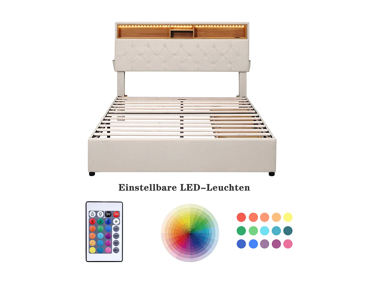 Cama de casal 140x200cm - com 2 gavetas + estrado de ripas + cabeceira LED ajustável com carregamento USB e arrumação - Bege