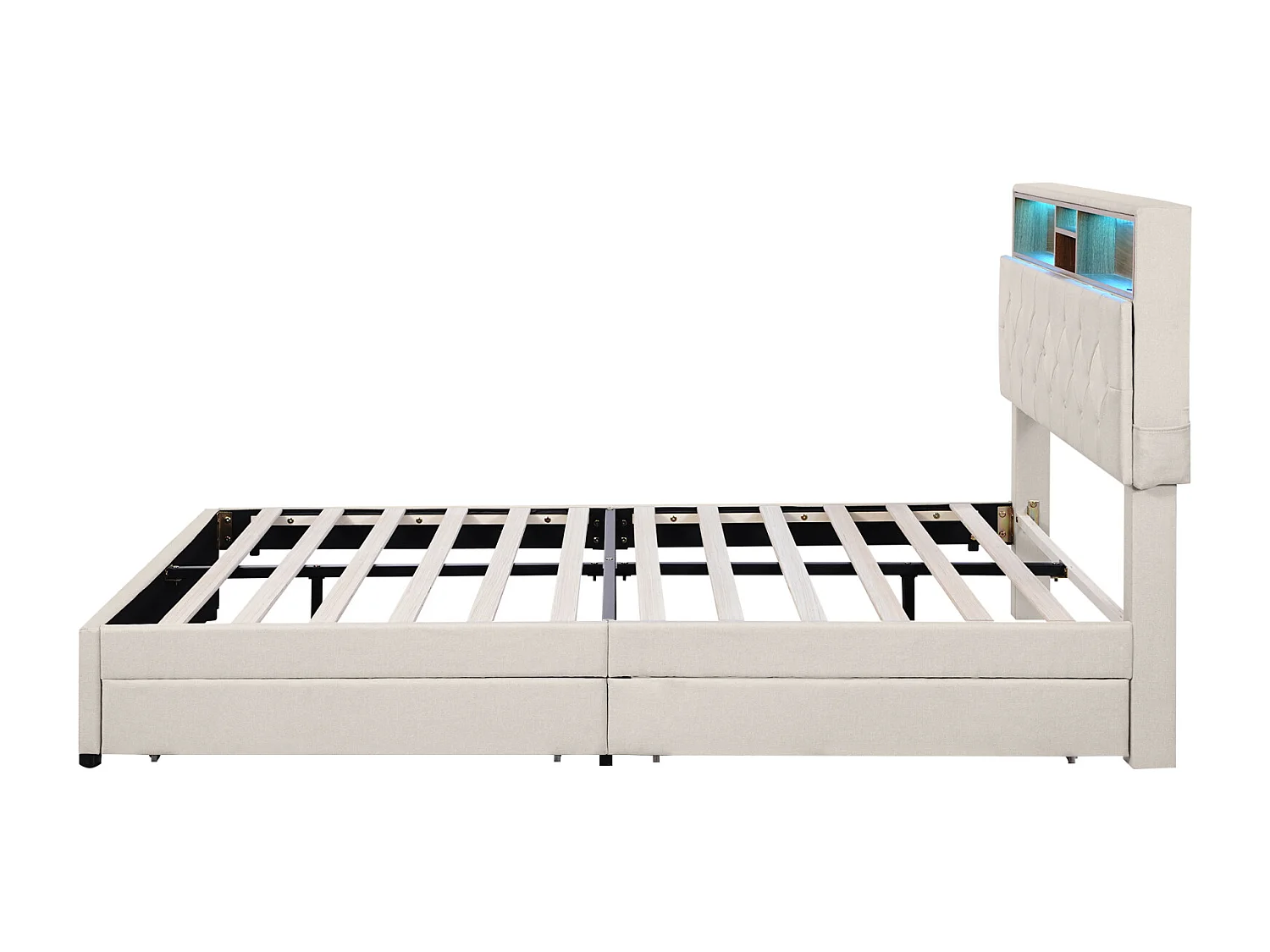 Cama de casal 140x200cm - com 2 gavetas + estrado de ripas + cabeceira LED ajustável com carregamento USB e arrumação - Bege