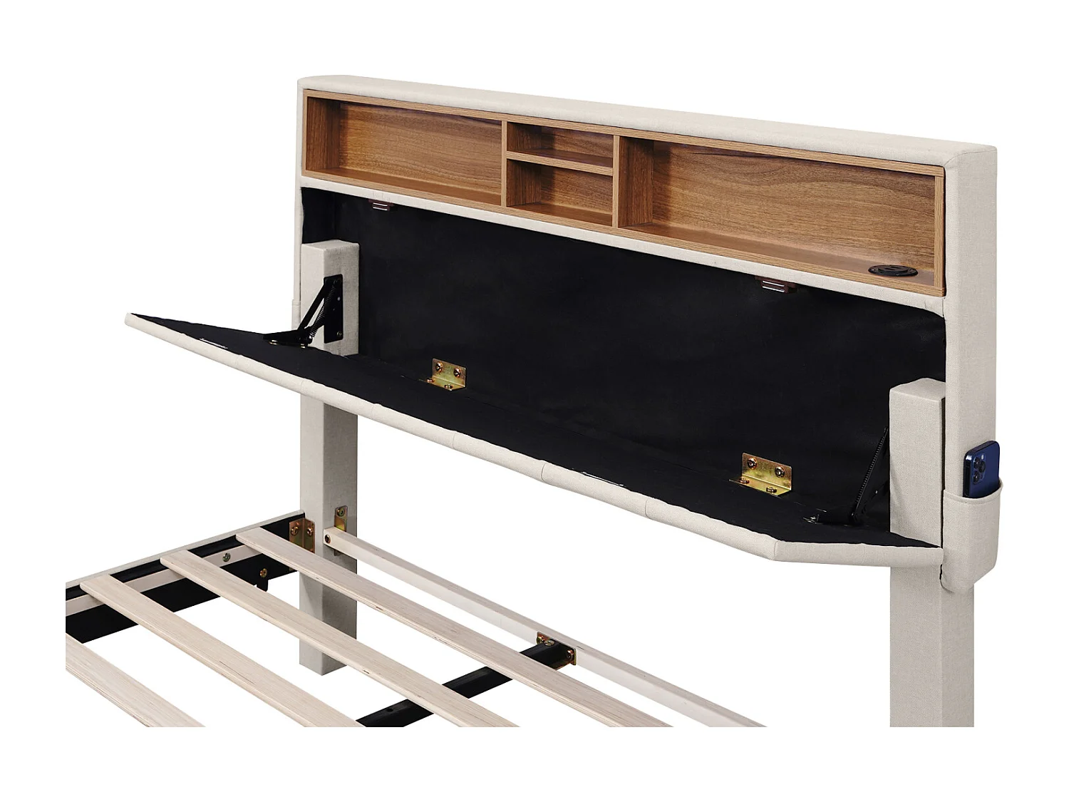 Cama de casal 140x200cm - com 2 gavetas + estrado de ripas + cabeceira LED ajustável com carregamento USB e arrumação - Bege