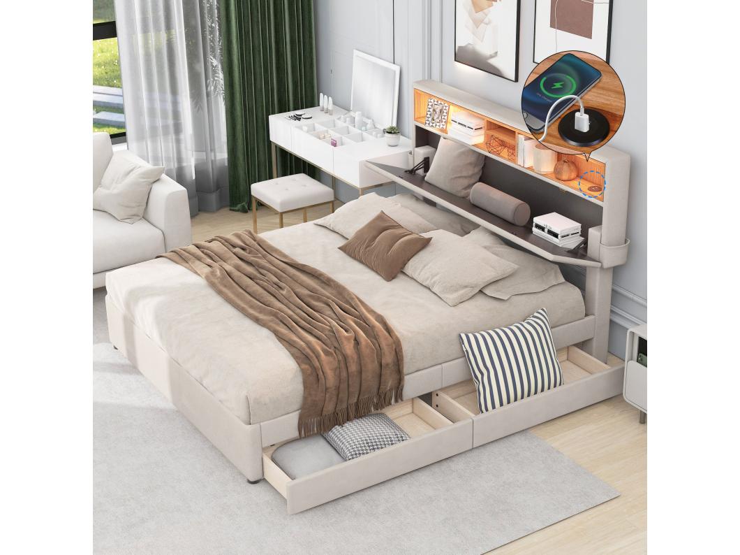 Cama de casal 140x200cm - com 2 gavetas + estrado de ripas + cabeceira LED ajustável com carregamento USB e arrumação - Bege