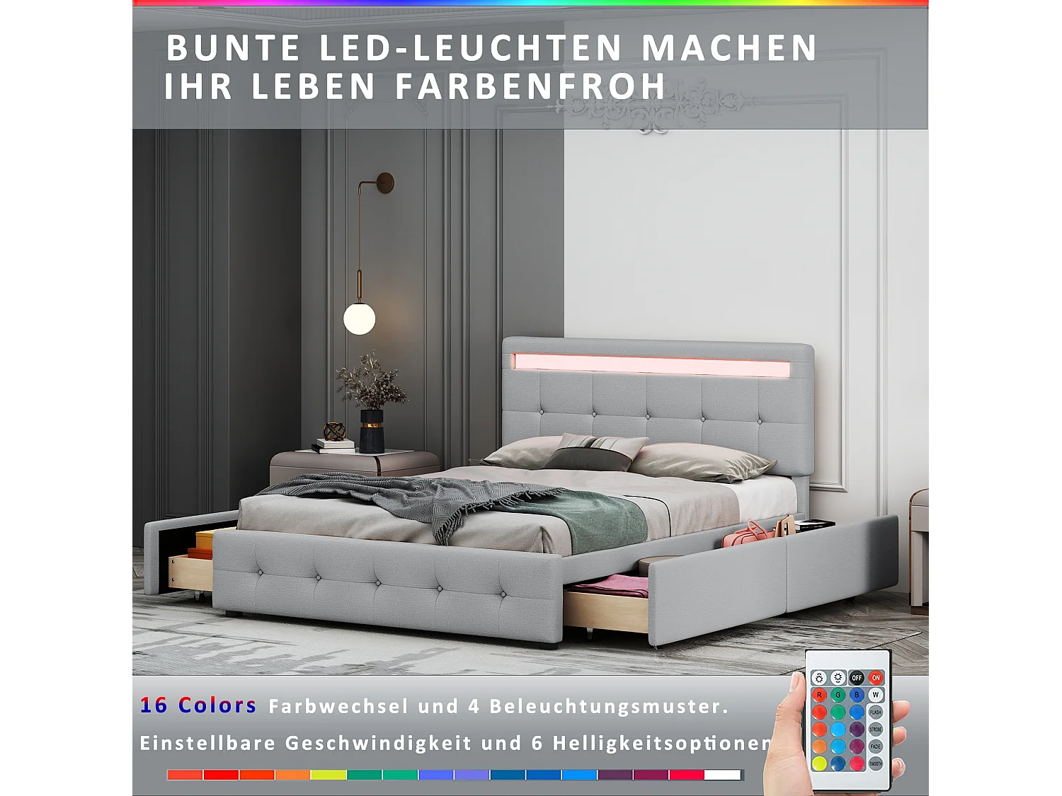 Cama de casal 140x200 cm - Cama estofada com LED, estrado de ripas, 4 gavetas e cabeceira - tecido de linho sem colchão - cinzento