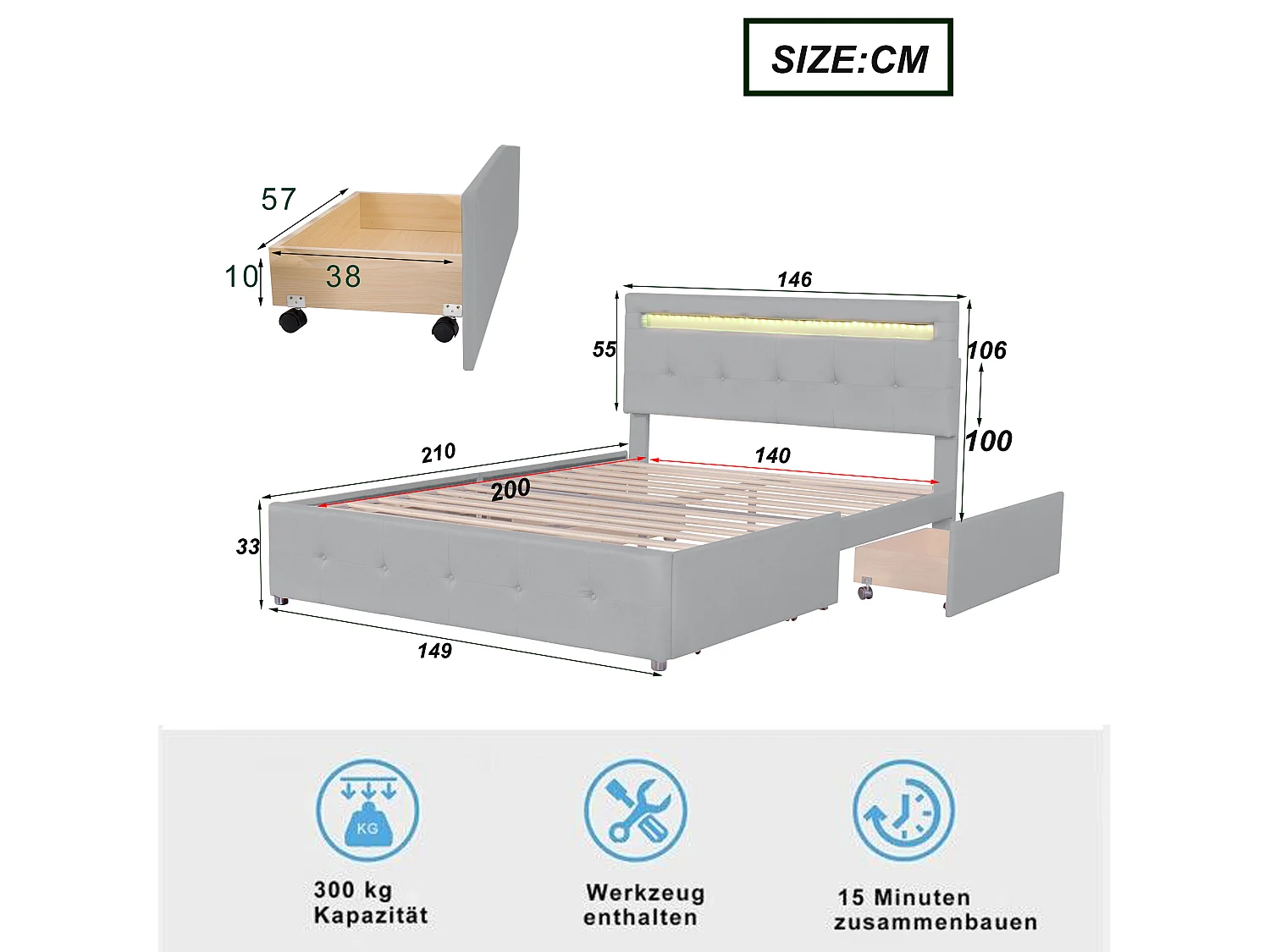 Lit double 140x200 cm - Lit capitonné avec LED, sommier à lattes, 4 tiroirs et tête de lit - tissu en lin sans matelas - gris