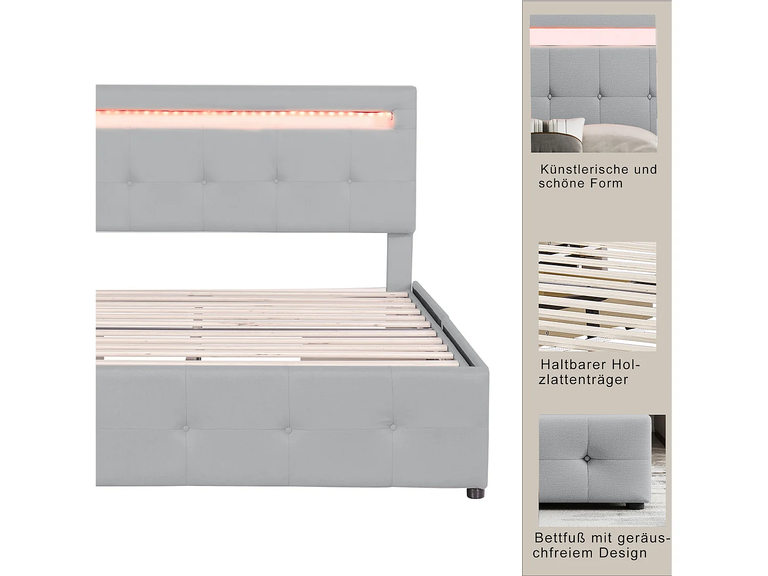 Lit double 140x200 cm - Lit capitonné avec LED, sommier à lattes, 4 tiroirs et tête de lit - tissu en lin sans matelas - gris