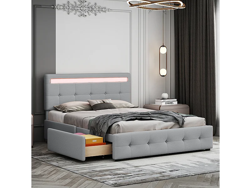 Tweepersoonsbed 140x200 cm - Gestoffeerd bed met LED, lattenbodem, 4 lades en hoofdbord - linnen stof zonder matras - grijs