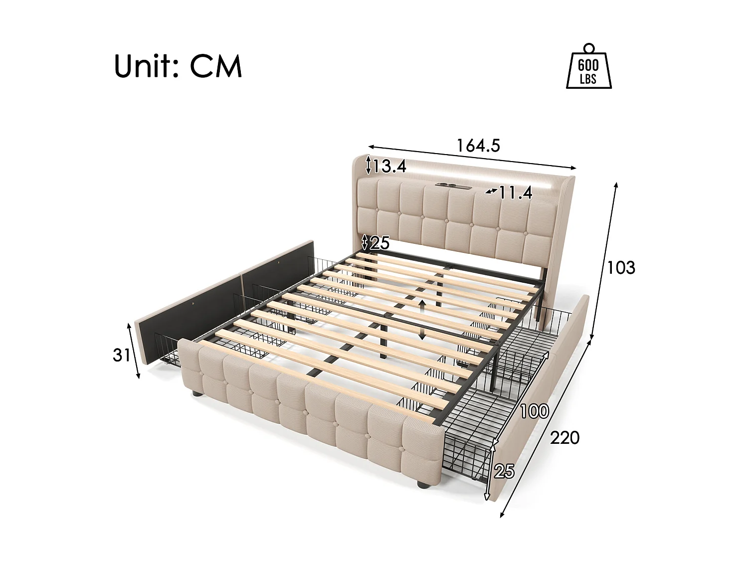 Bed 160x200cm met lades, Gestoffeerd tweepersoonsbed met opbergruimte, LED-verlichting, Beige
