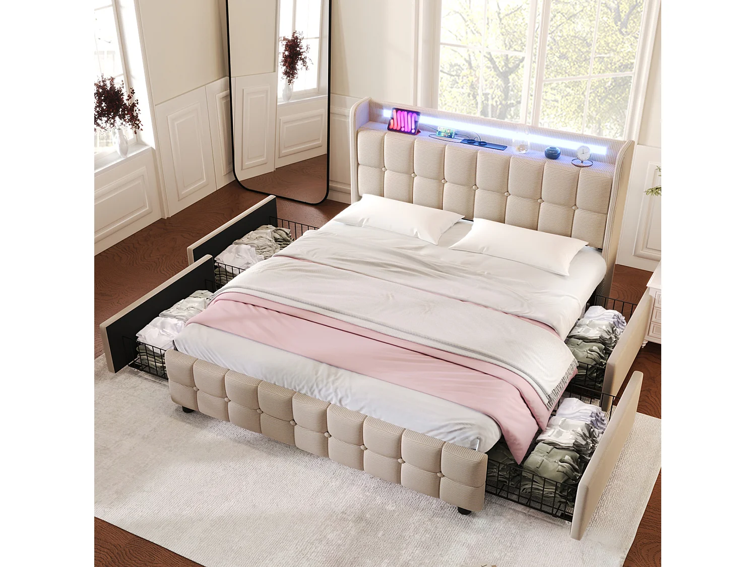 Bed 160x200cm met lades, Gestoffeerd tweepersoonsbed met opbergruimte, LED-verlichting, Beige