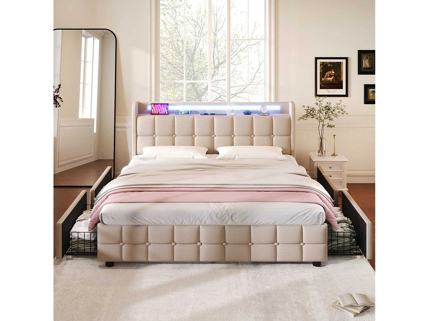 Bed 160x200cm met lades, Gestoffeerd tweepersoonsbed met opbergruimte, LED-verlichting, Beige