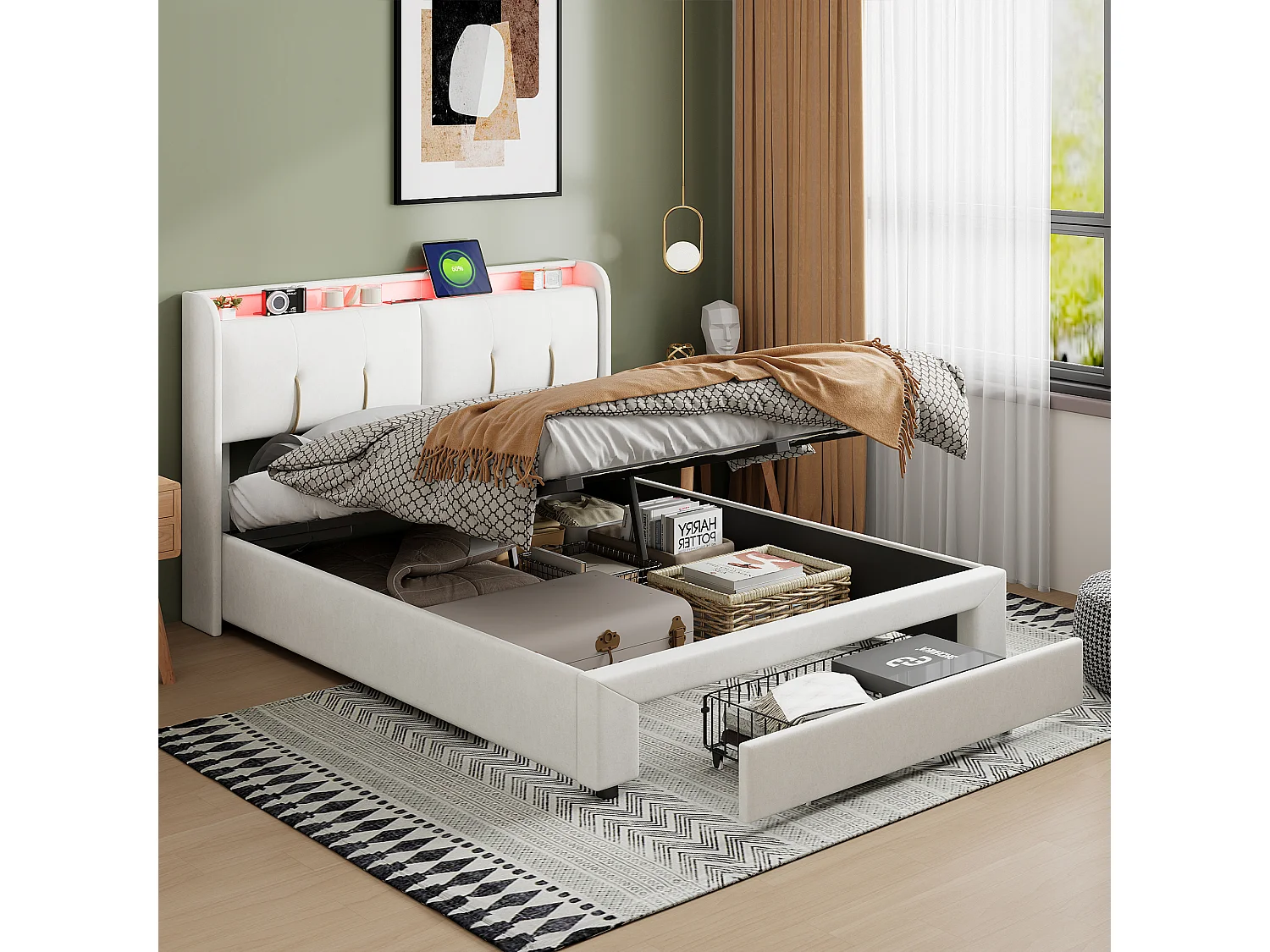 Beleuchteter Koffer 160x200, beleuchteter Doppelkapitonné, Tête de Lit mit Rangement Caché, Velours, weiß