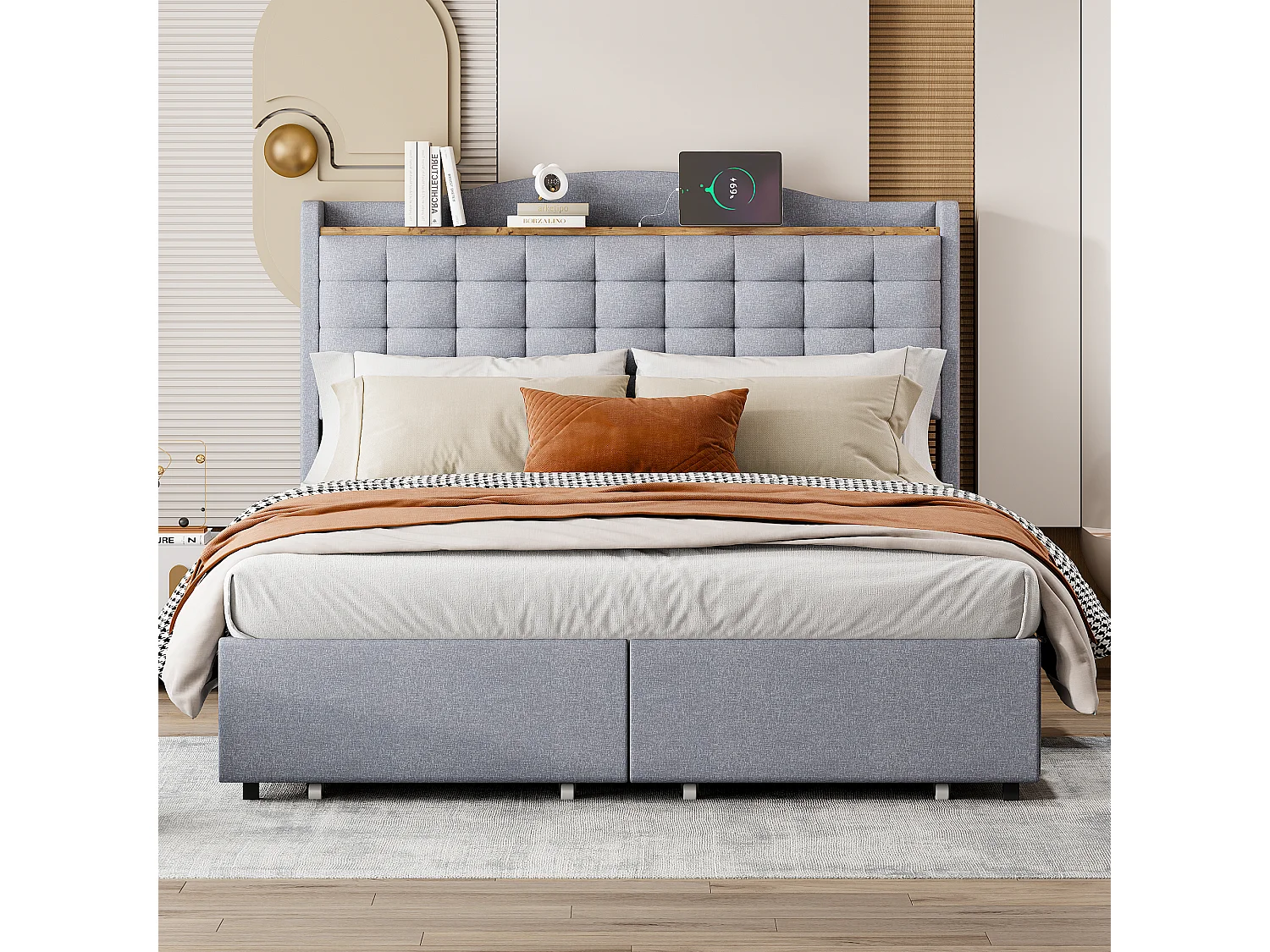 Gestoffeerd bed 160 x 200 cm, tweepersoonsbed met USB-oplaadpoort en plank, opbergruimte met 4 lades, in grijs linnen