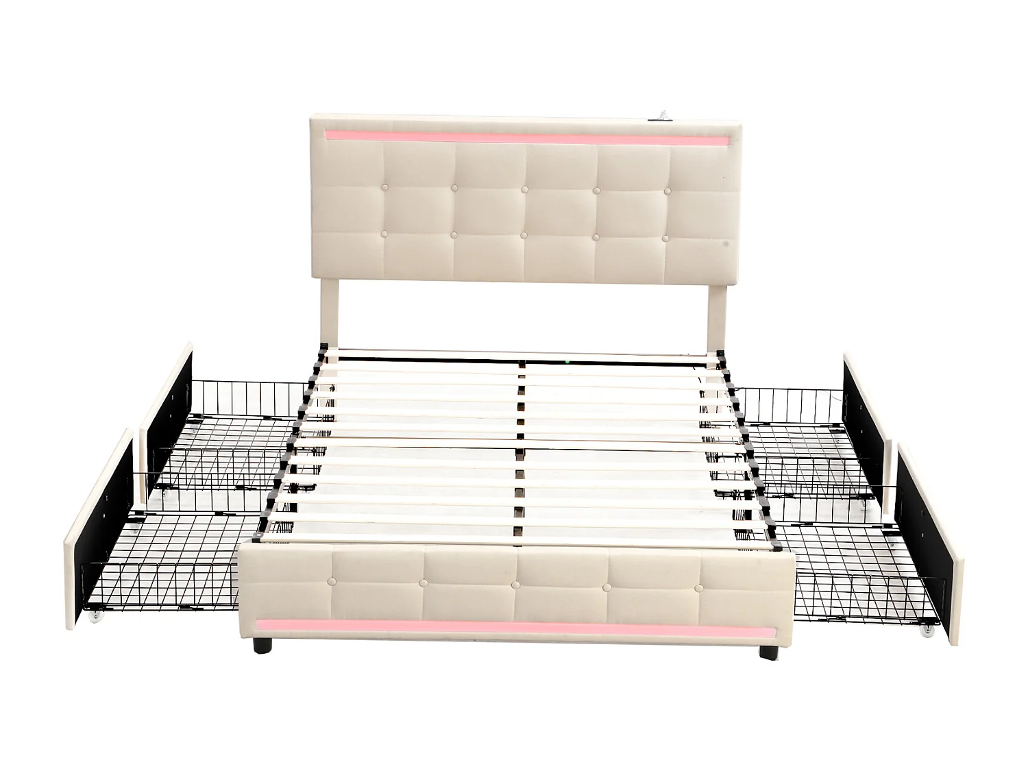 Lit 140x200cm avec tiroirs, Lit double capitonné avec rangement, éclairage LED, beige