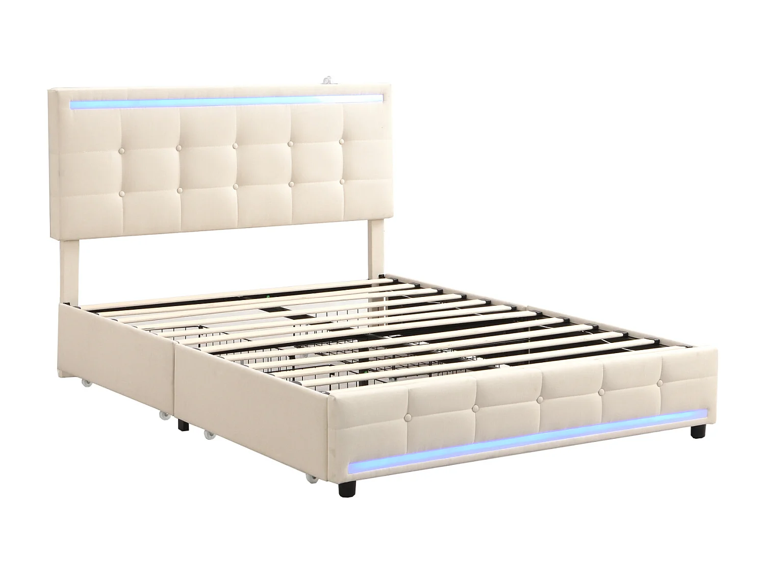 Lit 140x200cm avec tiroirs, Lit double capitonné avec rangement, éclairage LED, beige