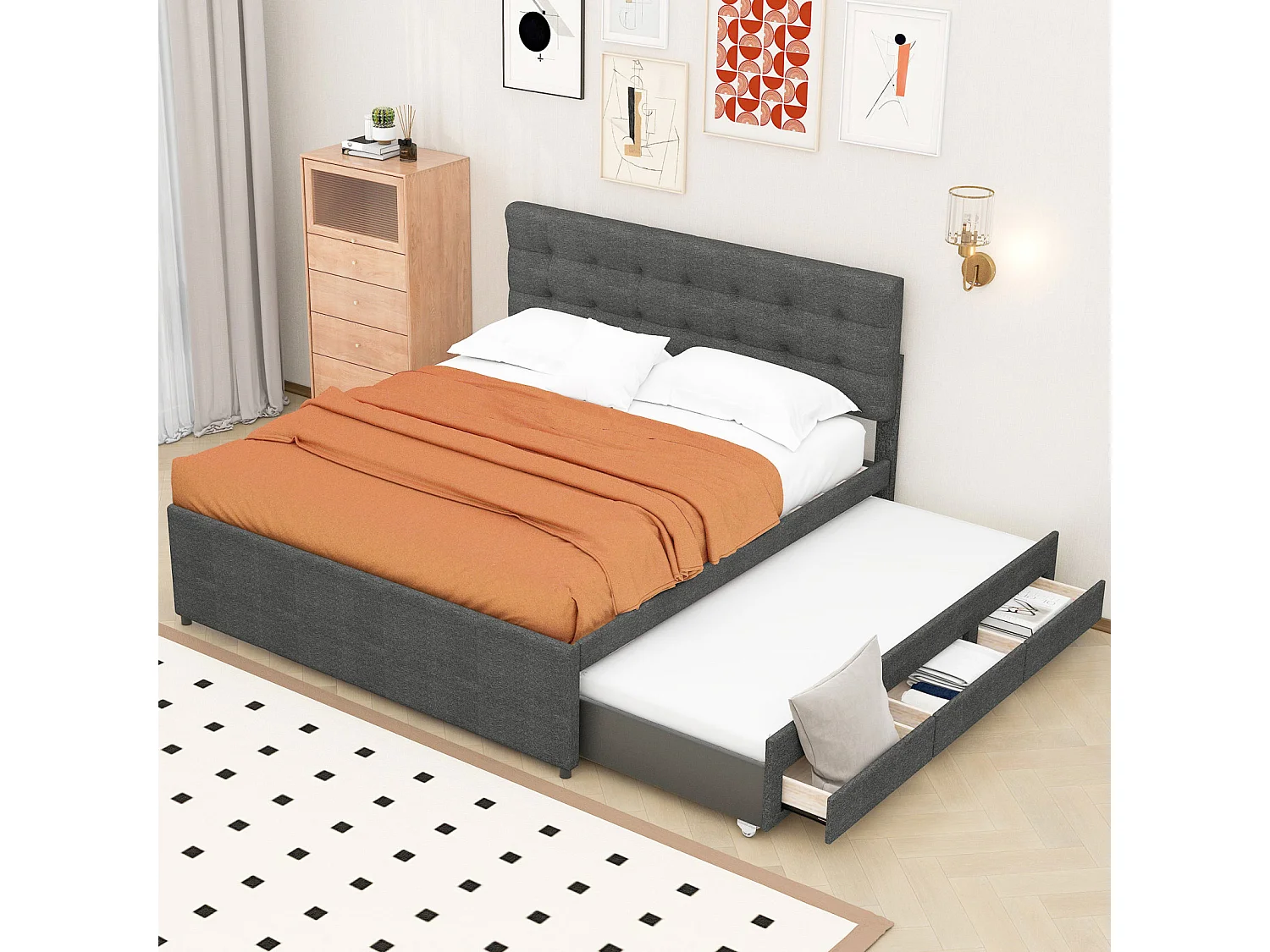 Cama tapizada, cama doble, cama familiar, cama de matrimonio con tres cajones, cama nido, cabecero regulable, gris, 140x200cm