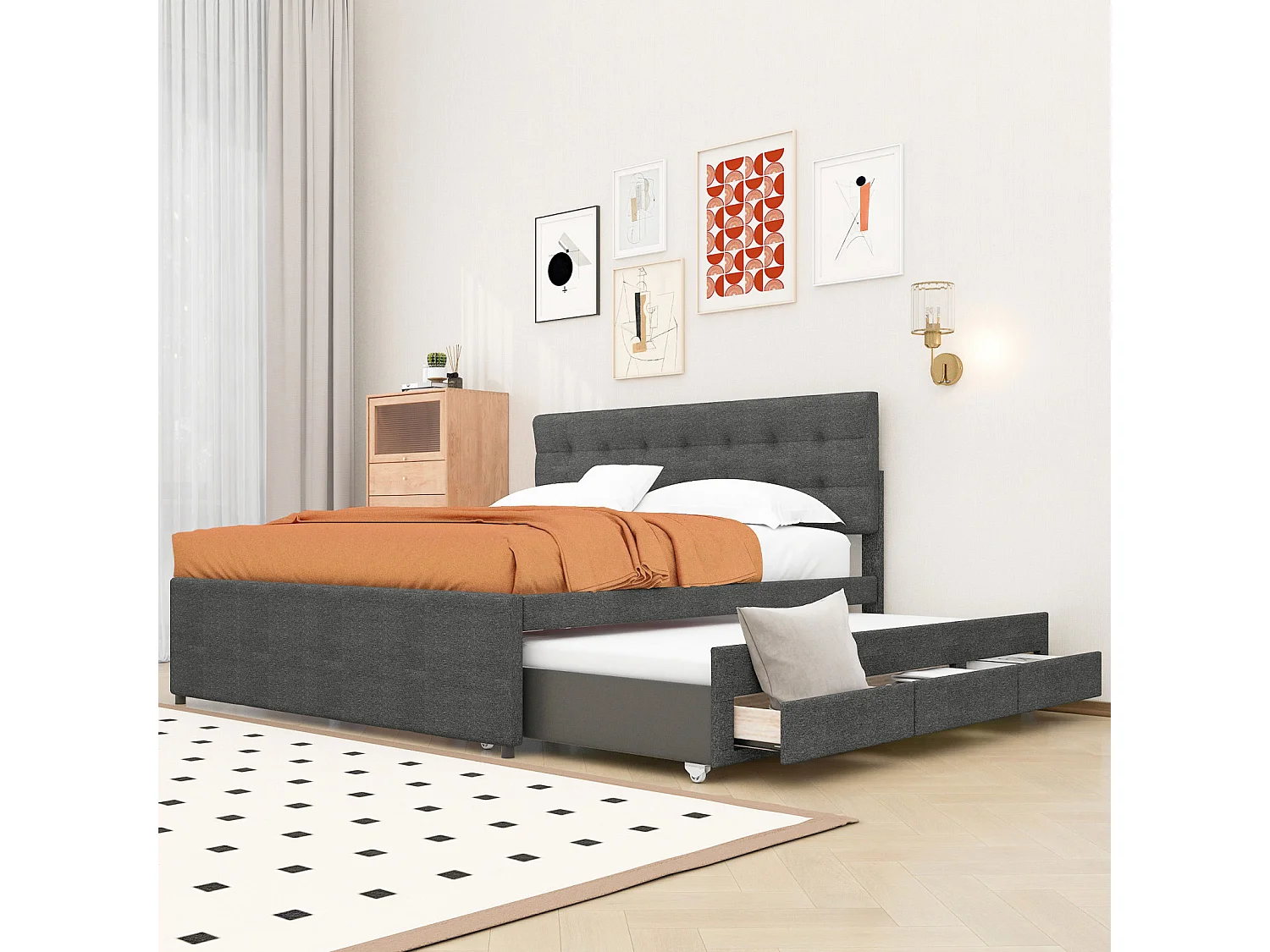 Cama tapizada, cama doble, cama familiar, cama de matrimonio con tres cajones, cama nido, cabecero regulable, gris, 140x200cm