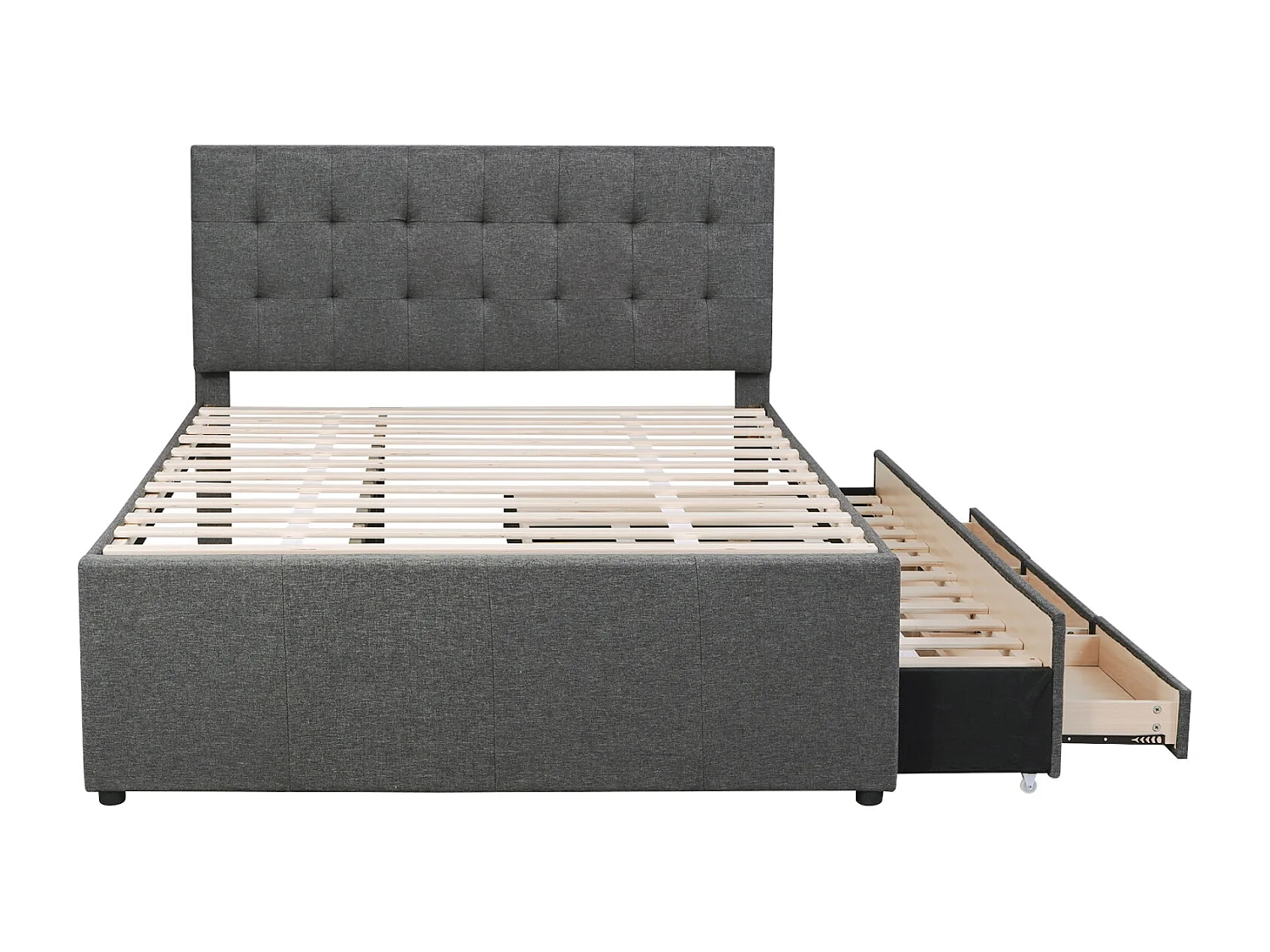 Cama tapizada, cama doble, cama familiar, cama de matrimonio con tres cajones, cama nido, cabecero regulable, gris, 140x200cm