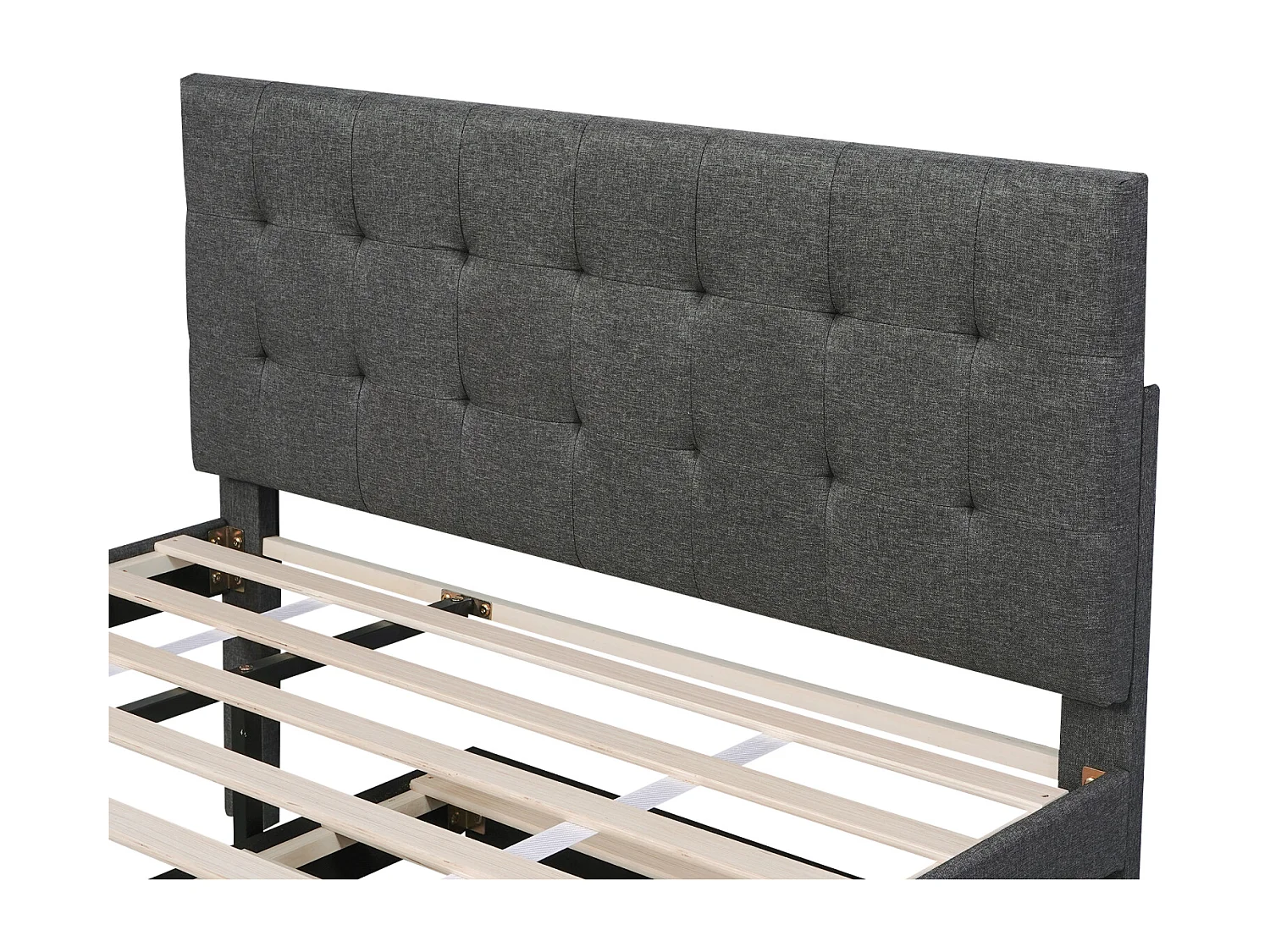 Cama tapizada, cama doble, cama familiar, cama de matrimonio con tres cajones, cama nido, cabecero regulable, gris, 140x200cm