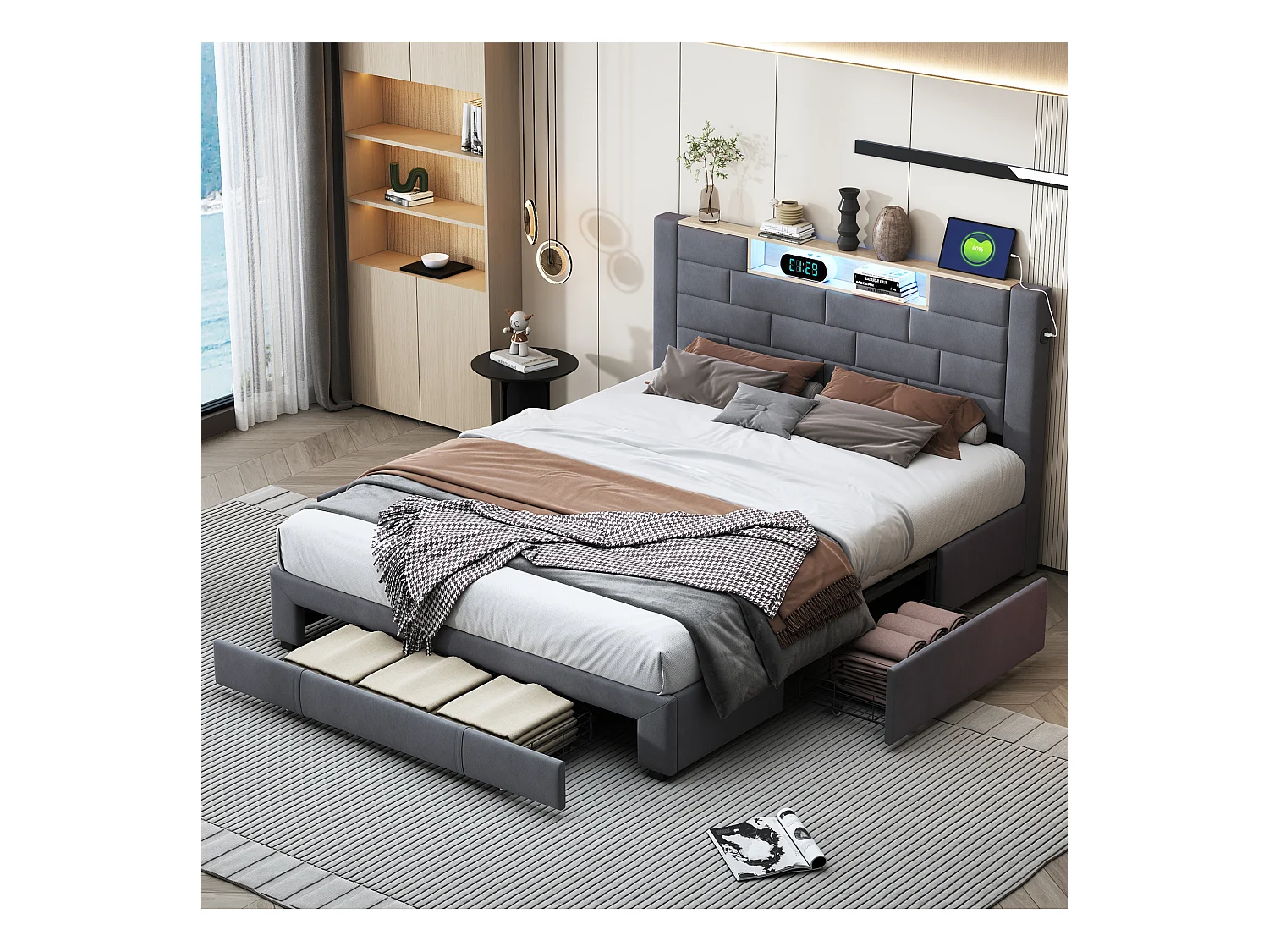 Lit double 140x200cm - sommier à lattes et tête de lit LED avec port USB/C - Gris